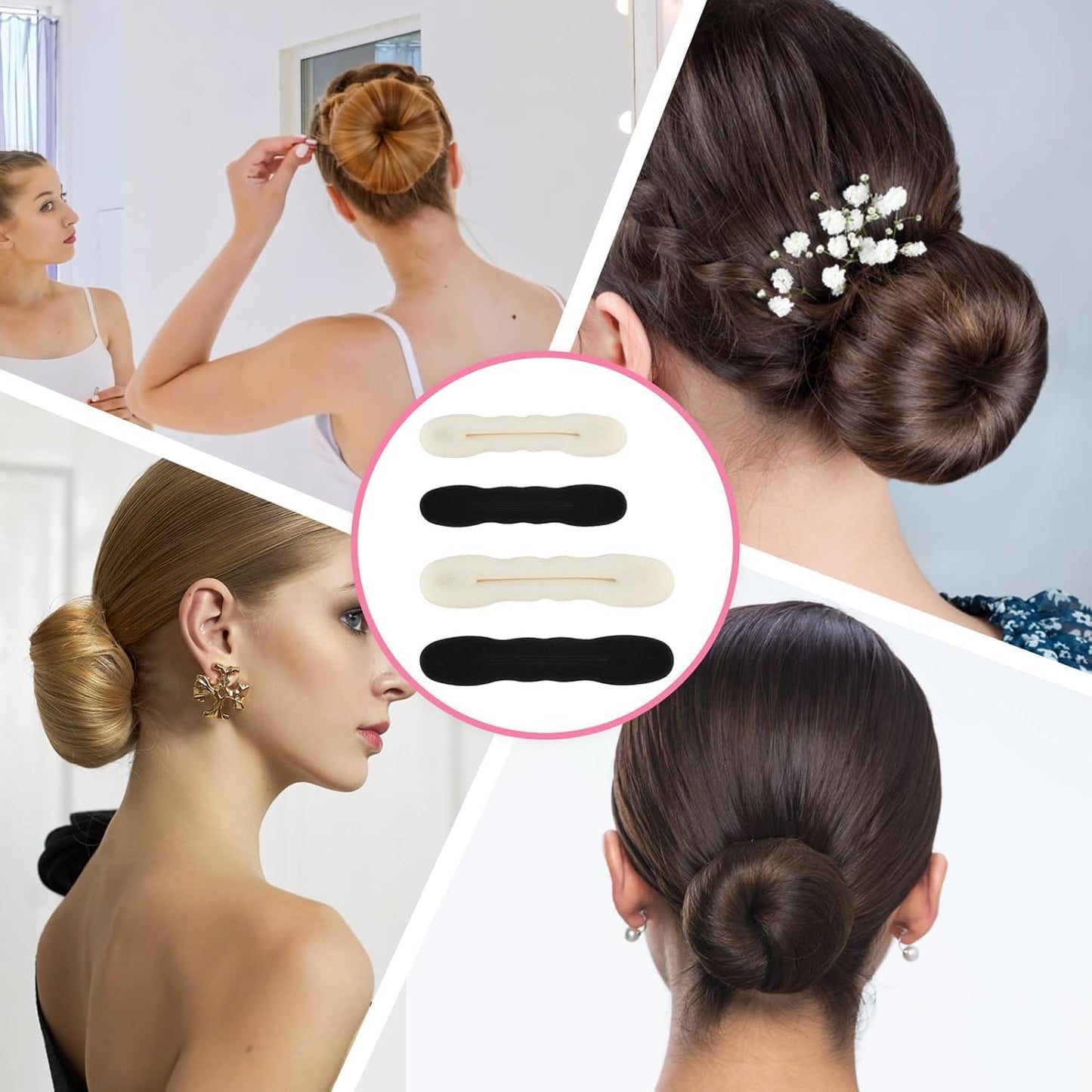 Set of 4 Sponge Bun Maker - Lightweight Tools for Fast and Sophisticated Hairstyles - Easy to Use Without Hairpins or Ribbons - Ideal for Weddings, Parties and Daily Use (Black, White)