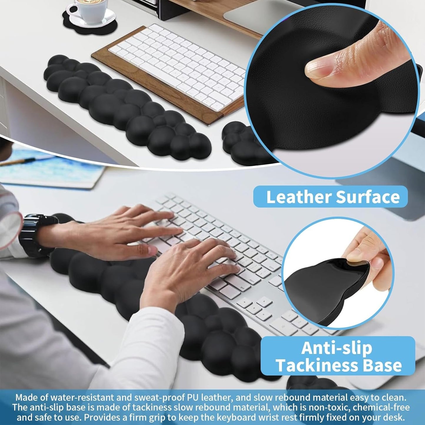 Keyboard & Wrist Rest Pad Set of 2, Keyboard Cloud Wrist Rest, Ergonomic Soft Cloud Mouse Pad with Non-Slip Base, PU Leather Memory Foam Soft Keyboard Rest for PC Gaming Office Computer (Black)