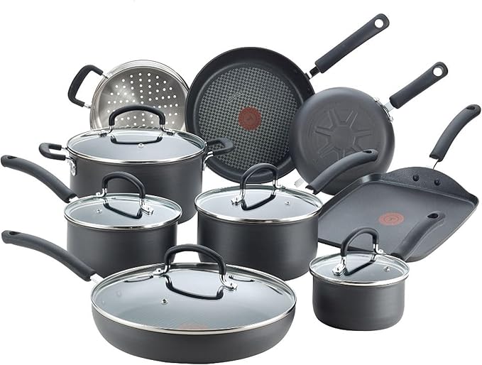 T-fal Ultimate Hard Anodized Nonstick Cookware Set 14 Piece, Oven Broiler Safe 400F, Lid Safe 350F, Kitchen Cooking Set w/Fry Pans, Saucepans, Griddle, Dutch Oven, Pots & Pans, Dishwasher Safe, Black