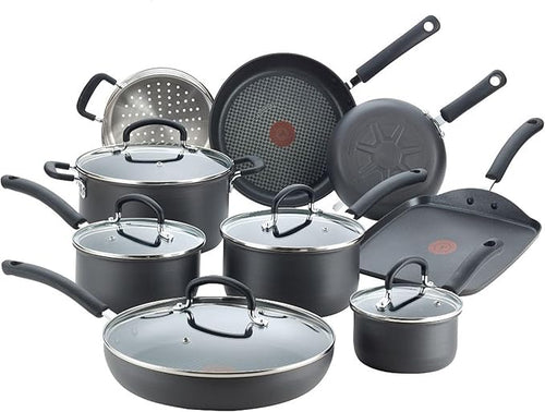 T-fal Ultimate Hard Anodized Nonstick Cookware Set 14 Piece, Oven Broiler Safe 400F, Lid Safe 350F, Kitchen Cooking Set w/Fry Pans, Saucepans, Griddle, Dutch Oven, Pots & Pans, Dishwasher Safe, Black
