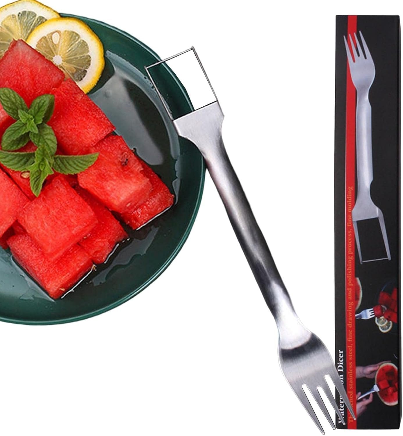 Watermelon Slicer,Watermelon Fork Slicer 2 in 1 Stainless Steel Fruit Cutter Fork Melon Cube Cutting Tool Kitchen Gadget for Fruit Cake Bread Shangjia
