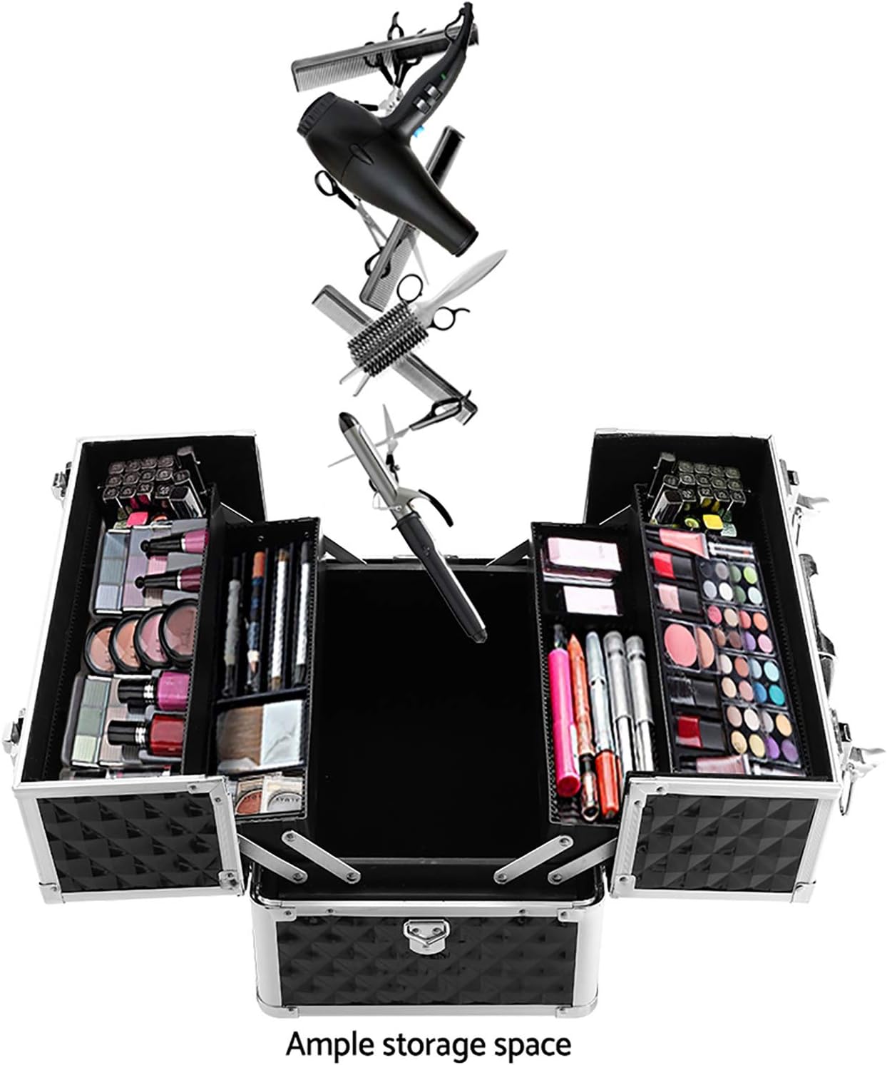 Embellir Makeup Case, Aluminium Lockable Beauty Cases Suitcase Make Up Large Organisers Storage Portable Toiletry Cosmetic Box Travel Indoor Outdoor Accessories, with 8 Dividers 4 Sliding Trays Black