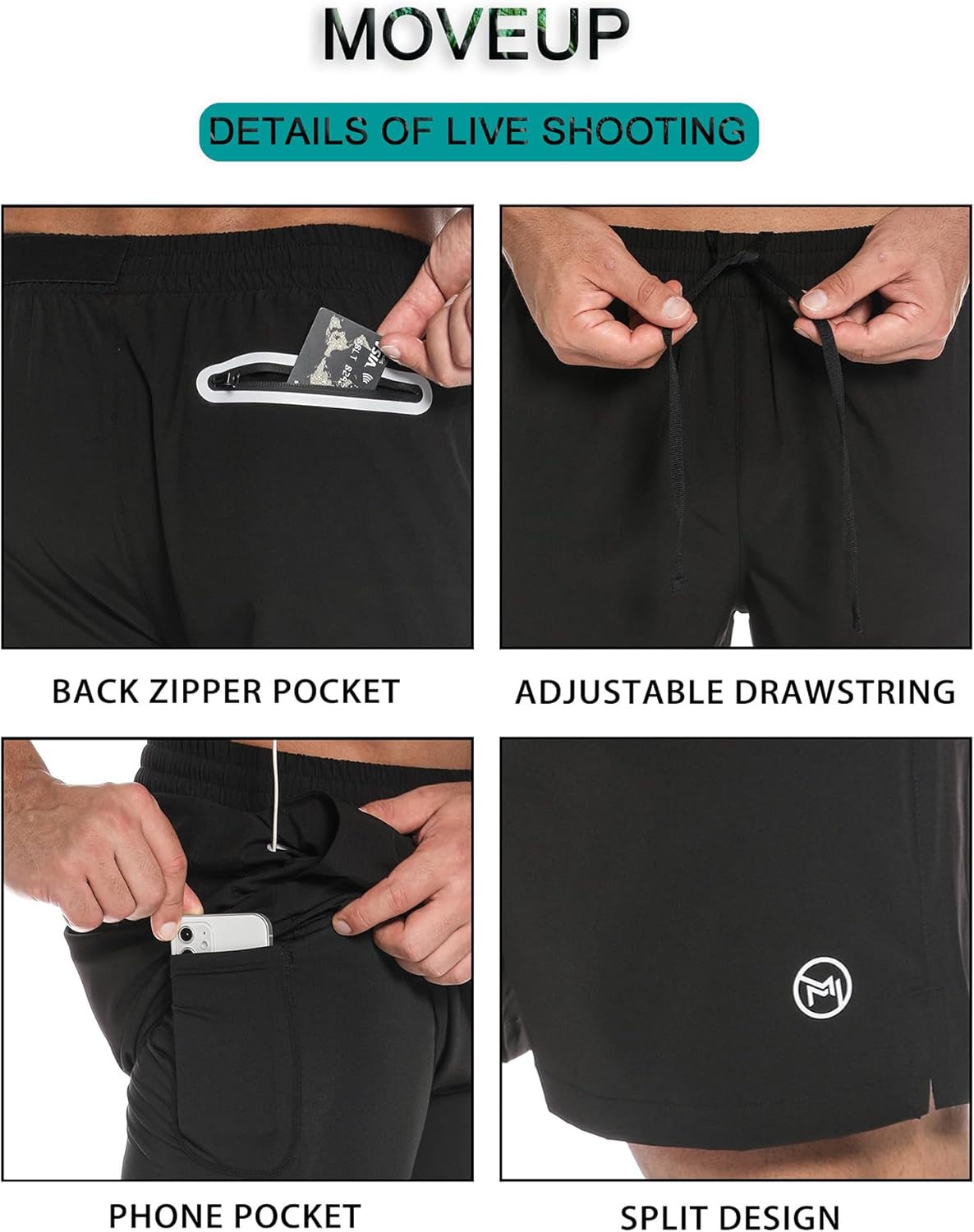 MOVEUP 2 in 1 Gym Running Shorts 7" Quick Dry Spandex Shell Fabric Compression Lining Sport Shorts Basketball Shorts Active Fitness Shorts Workout Training Shorts with Zipper Pocket for Men
