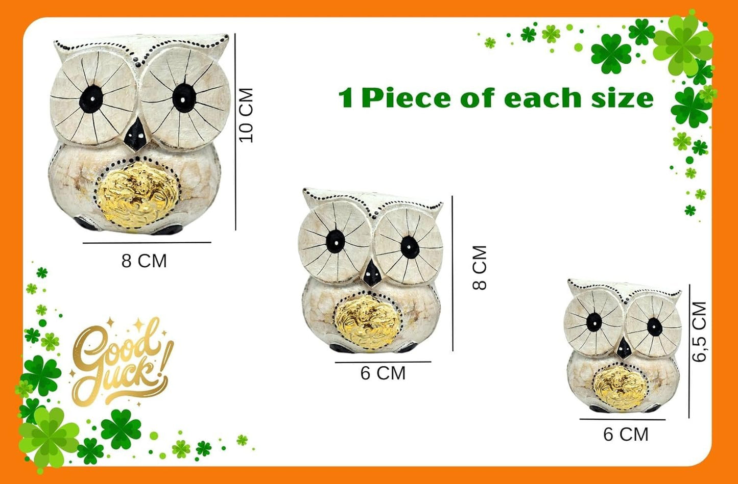SusggO - Set of 3 Wooden Owls Decoration Hand Carved Lucky Owl Art Furniture Decoration (White Gold Details)