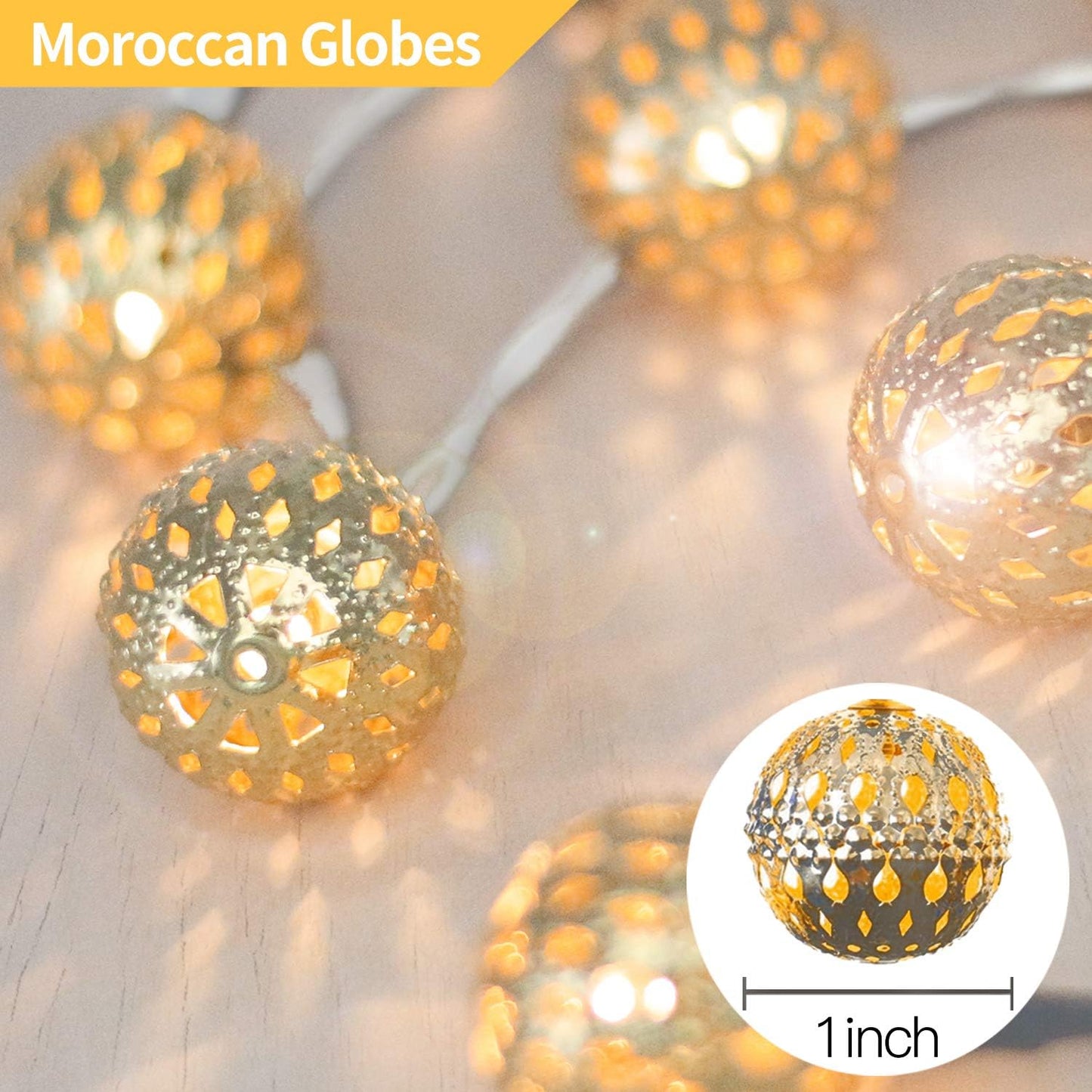 Betus 10Ft 20 LED Moroccan Globe LED Fairy String Lights - Battery Powered Party Hanging Waterproof Lights Decor for Christmas, Garden, Porch, Patio, Indoor & Wedding (Warm White)