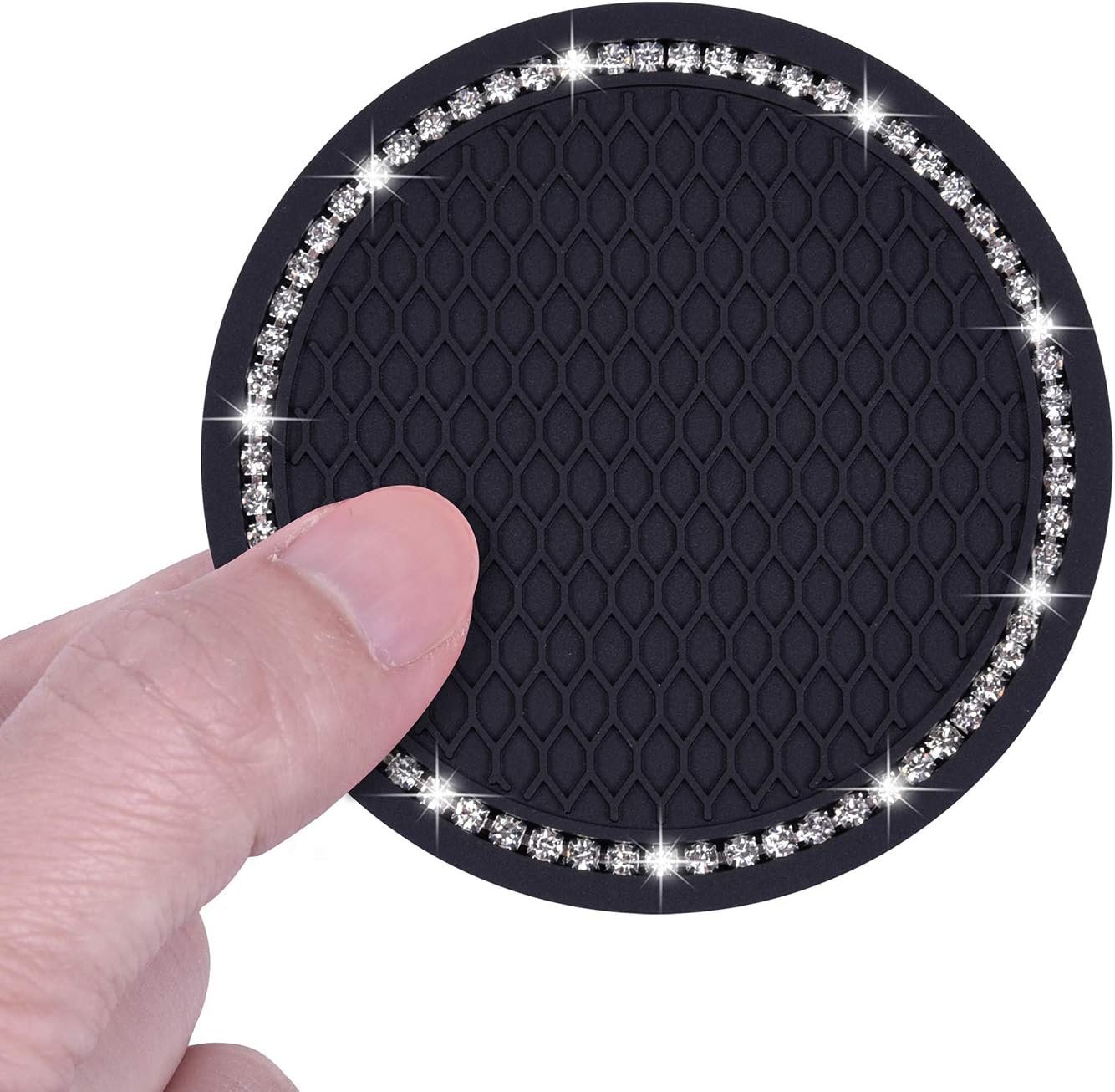 Bling Car Coasters, Wisdompro 4 Pack PVC Car Cup Holder Insert Coaster - Anti Slip Universal Vehicle Interior Accessories Crystal Glitter Cup Mats for Women and Men(2.75" Diameter, Black)