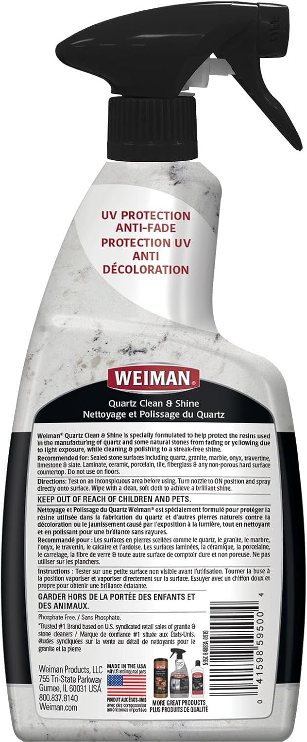 Weiman Quartz Countertop Cleaner and Polish - 24 Ounce (2 Pack) with Microfiber Towel Included - Clean and Shine Quartz Countertops Islands and Stone Surfaces, UV Protection, Orange Citrus Scent