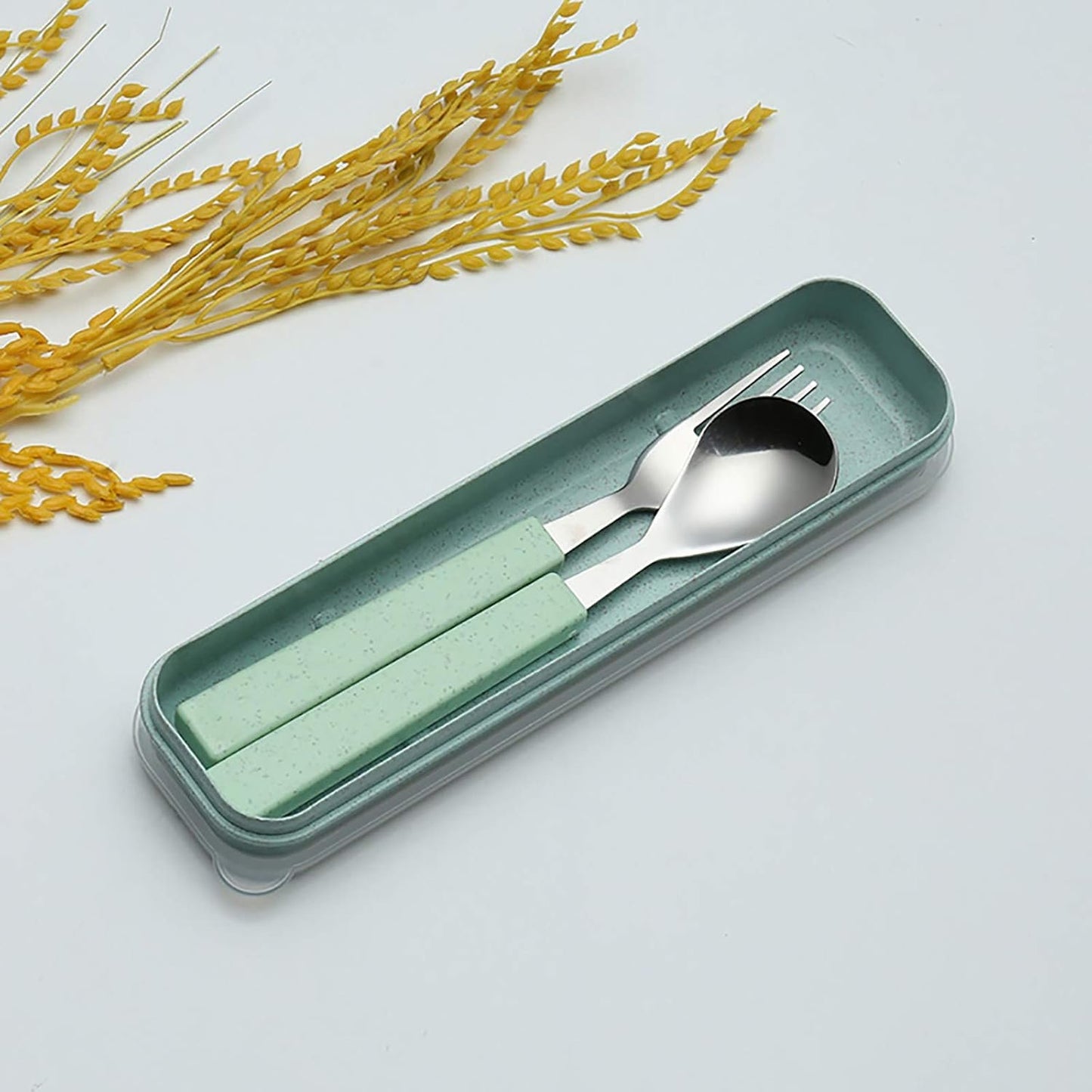 VANRA 2-Piece Children Flatware Set 18/10 Stainless Steel Child Tableware Set Silver Cutlery Set Silverware Dinner Utensils Spoon Fork Set with Travel Case for Kids Toddlers (Chrome Finished) (Green)