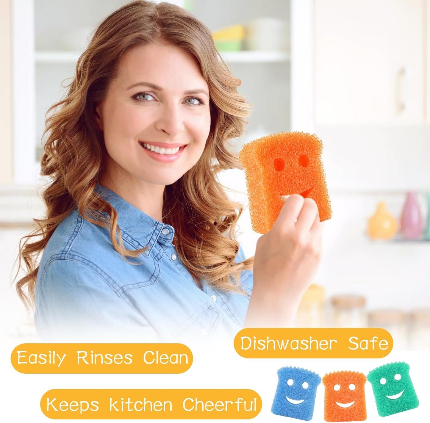 8 -Pack Single-Layer Kitchen Dish Scrub Sponges,Colorful Toast-Shaped with Smiley Faces,Fun Cleaning with Daddy Mommy,Non-Scratch,Home Essentials,Cleaning Supplies,Esponjas para Lavar platos