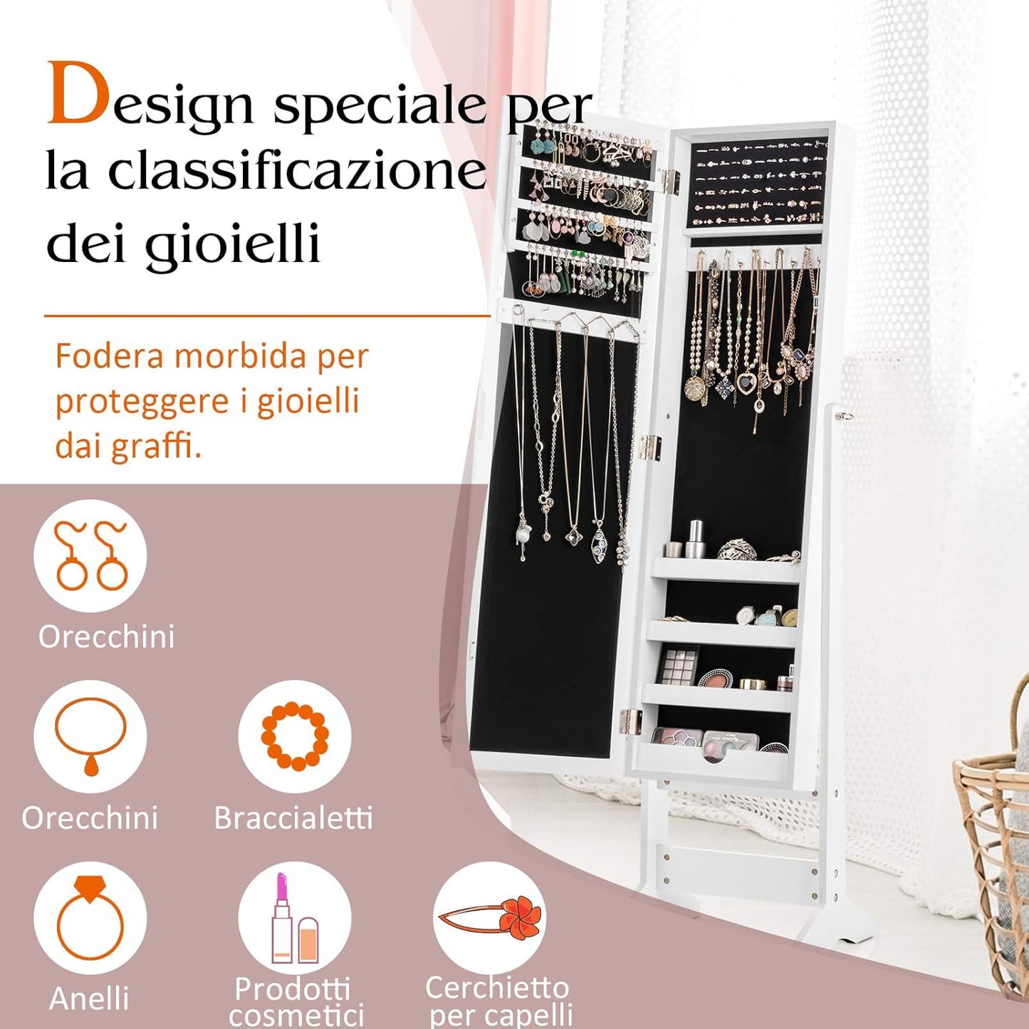 COSTWAY Floor Standing Jewellery Cabinet with 3 Corner Mirror, Jewellery Box Organizer for Bedroom Jewellery, 35 x 30 x 144 cm (White)