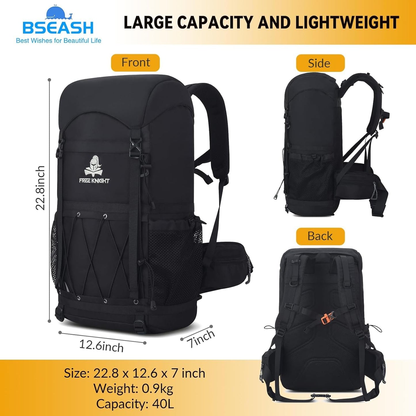Bseash 40L Waterproof Hiking Backpack with Rain Cover, Outdoor Sport Travel Bag Daypack for Camping Climbing Cycling Skiing