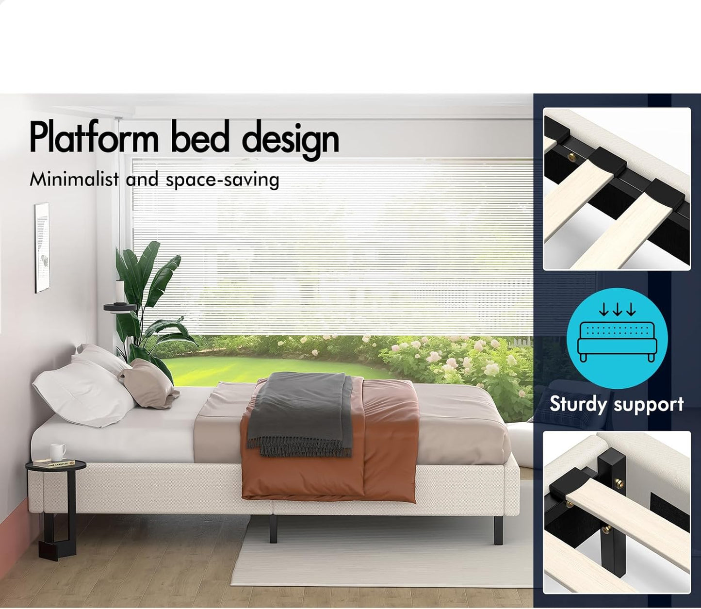 ALFORDSON Bed Frame Base King Size with Linen Upholstery, Bed Platform Foundation Without Headboard for Mattress Topper, Basel Fabric Beige