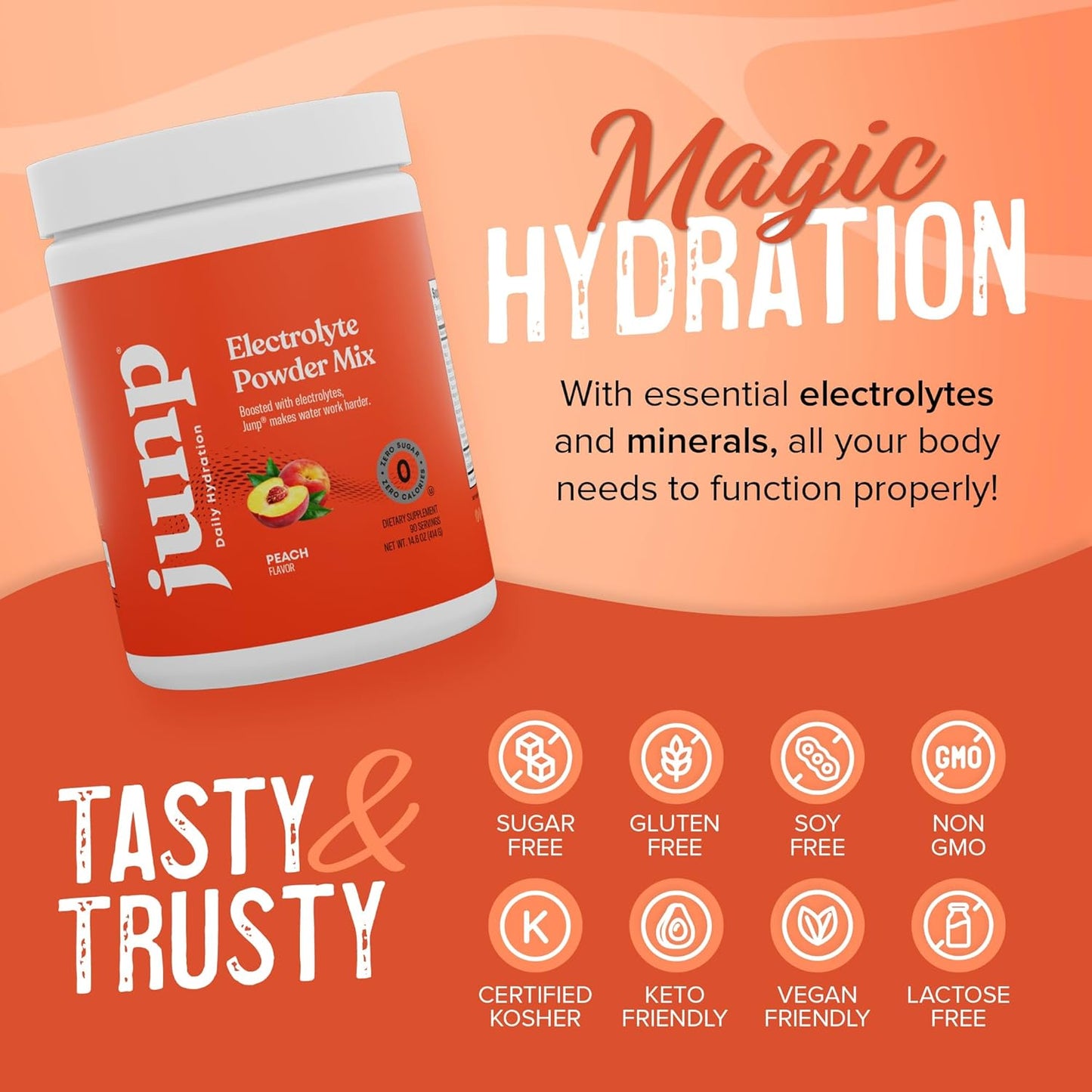 JUNP Hydration Electrolyte Powder, Electrolytes Drink Mix, Hydration Mix, Sugar Free, Gluten Free, 0 Calories, 0 Carbs, Keto Friendly, NON - GMO Kosher, 90 Servings. (Peach)