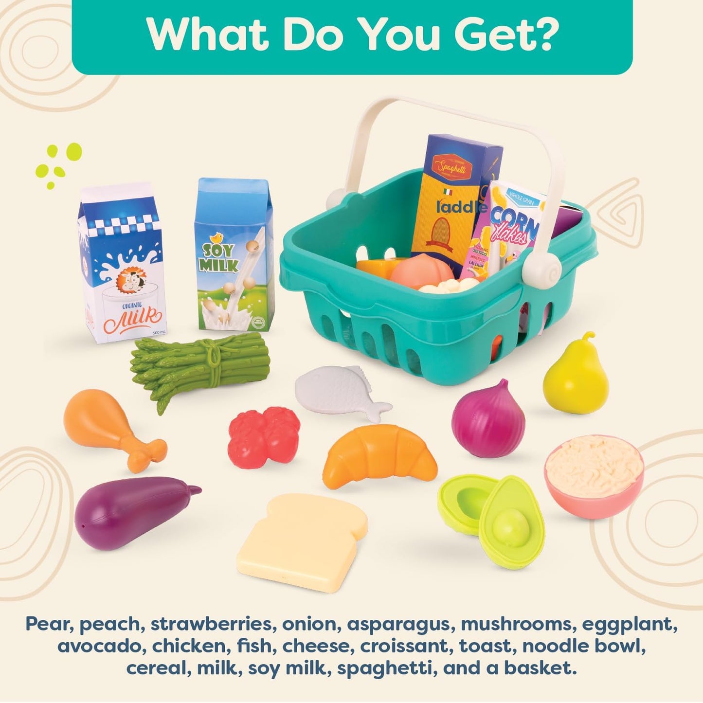 B. toys – Play Food & Basket – 18 Pieces of Toy Food – Grocery, Cooking, Play Kitchen Toys – Pretend Play Set for Toddlers, Kids – 2 Years + – Freshly Picked