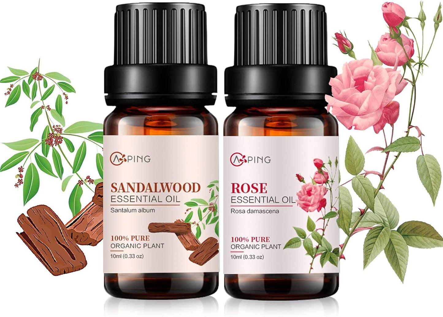 Rose & Sandalwood Essential Oils - 100% Pure Organic Natural Plant Oils for Diffuser, Aromatherapy, Spa, Massage, Yoga, Perfume, Body - 2x10ML