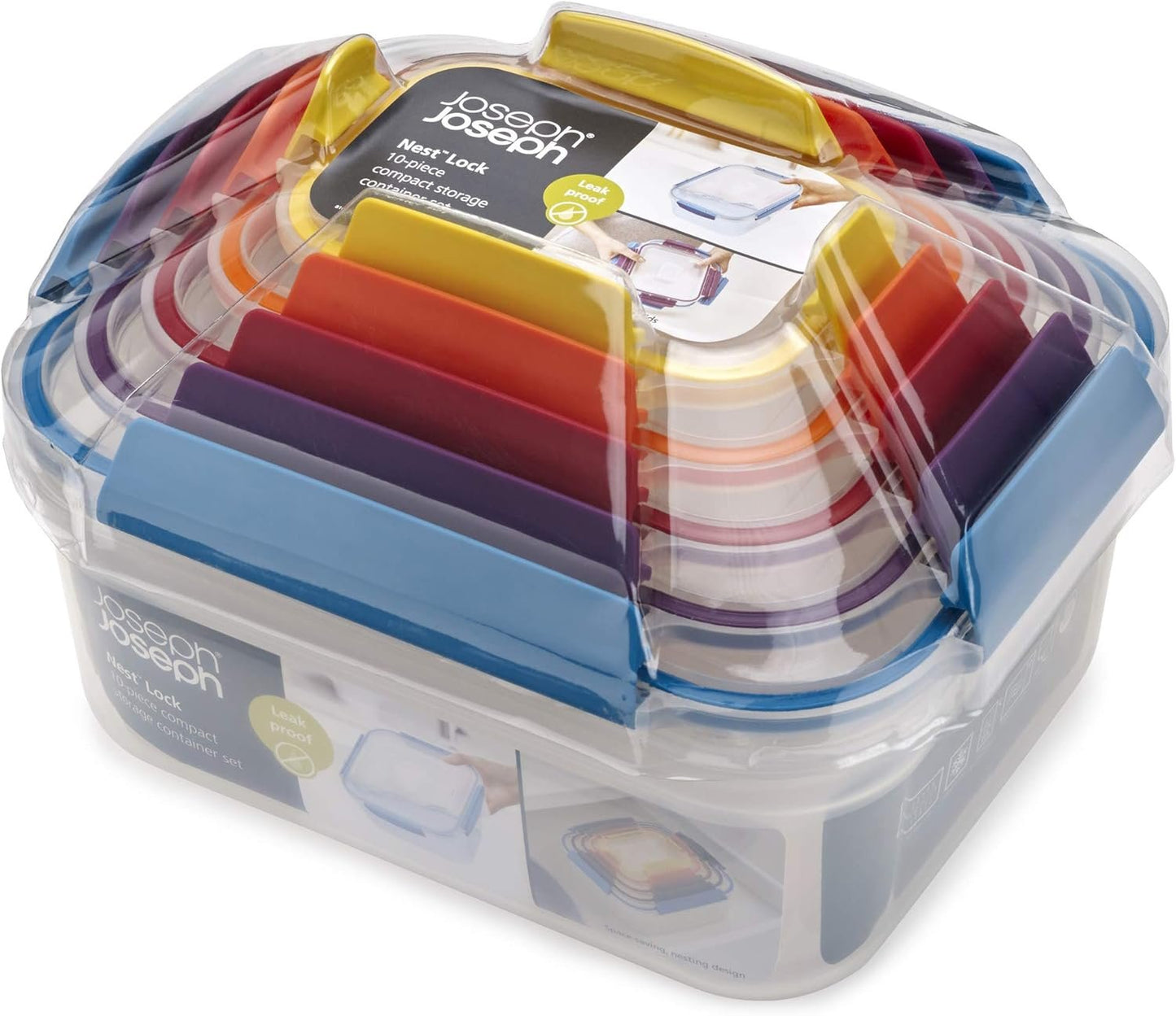 Joseph Joseph Nest Lock Plastic BPA Free Food Storage Container Set with Lockable Airtight Leakproof Lids, 10-Piece, Multi-Color