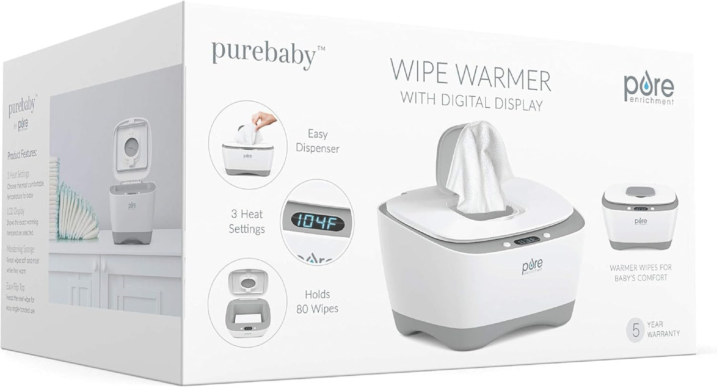 PureBaby™ Wipe Warmer with Digital Display - Easy-Feed Dispenser with 3 Heat Settings, LCD Display, 80 Wipe Capacity, Naturally Steam Heated for Maximum Comfort and Safety for Baby