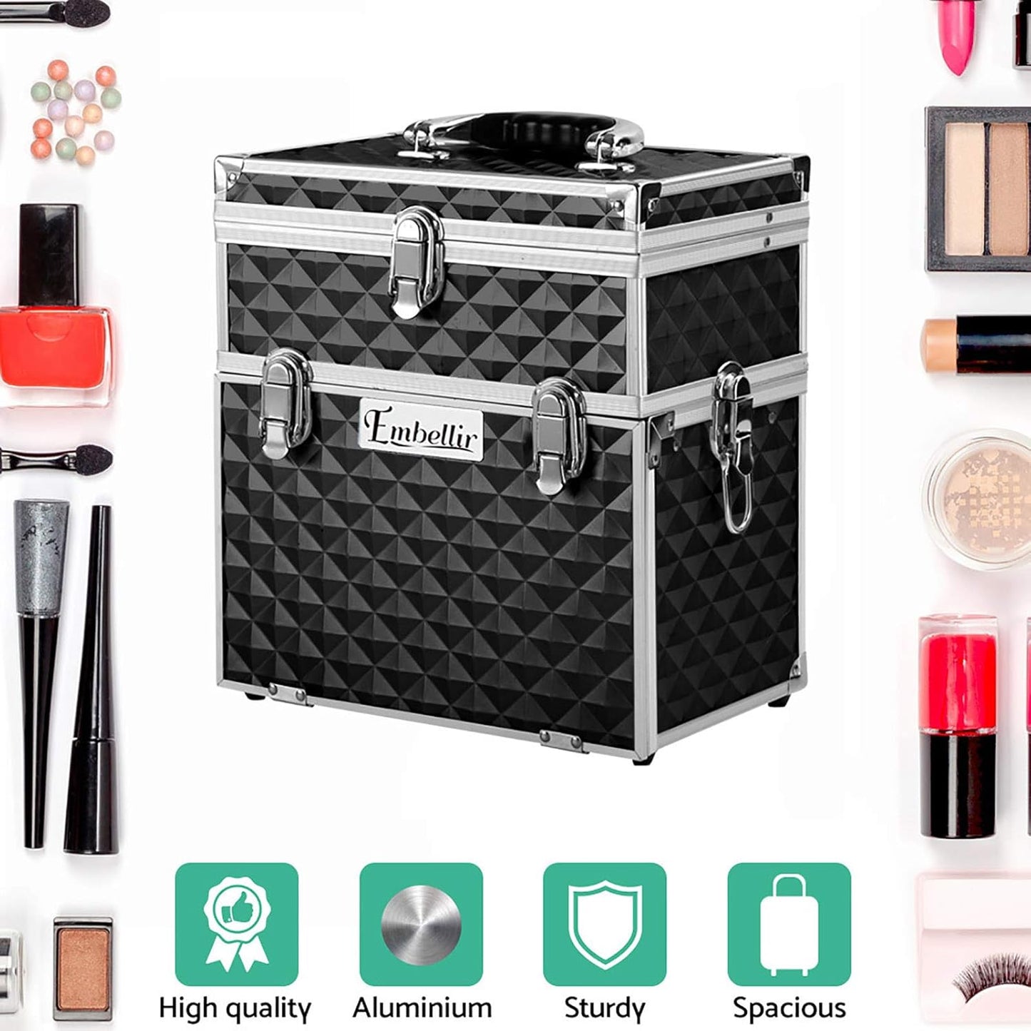 Embellir Makeup Case, Aluminium Beauty Cases Suitcase Make Up Large Organisers Storage Portable Toiletry Cosmetic Box Travel Indoor Outdoor Accessories, with 2 Sliding Trays Level Section Black
