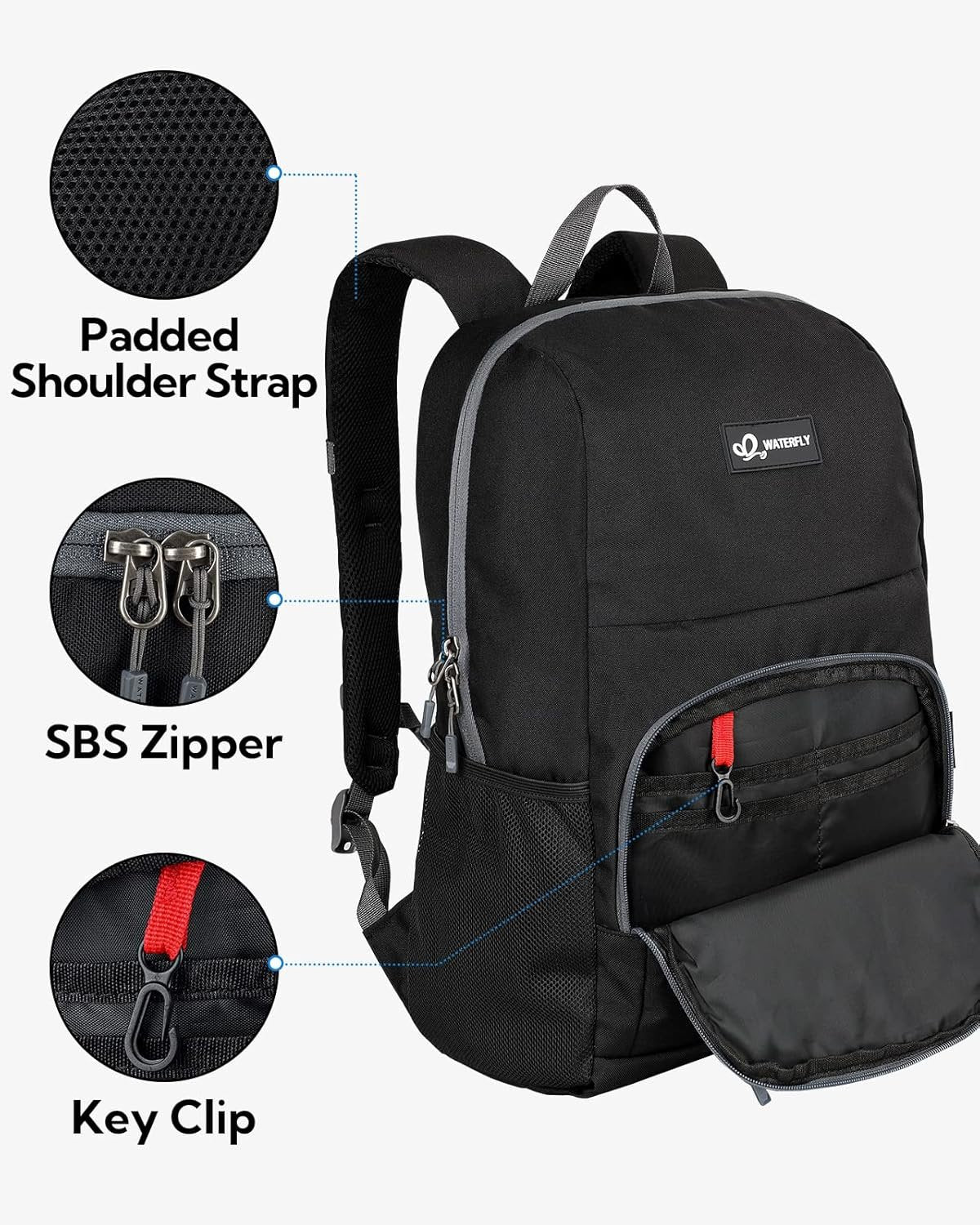 WATERFLY Casual Daypack Lightweight Backpack: 25L Padded Outdoor Day Trip Backpack for Man Woman, Black, Travel Backpacks