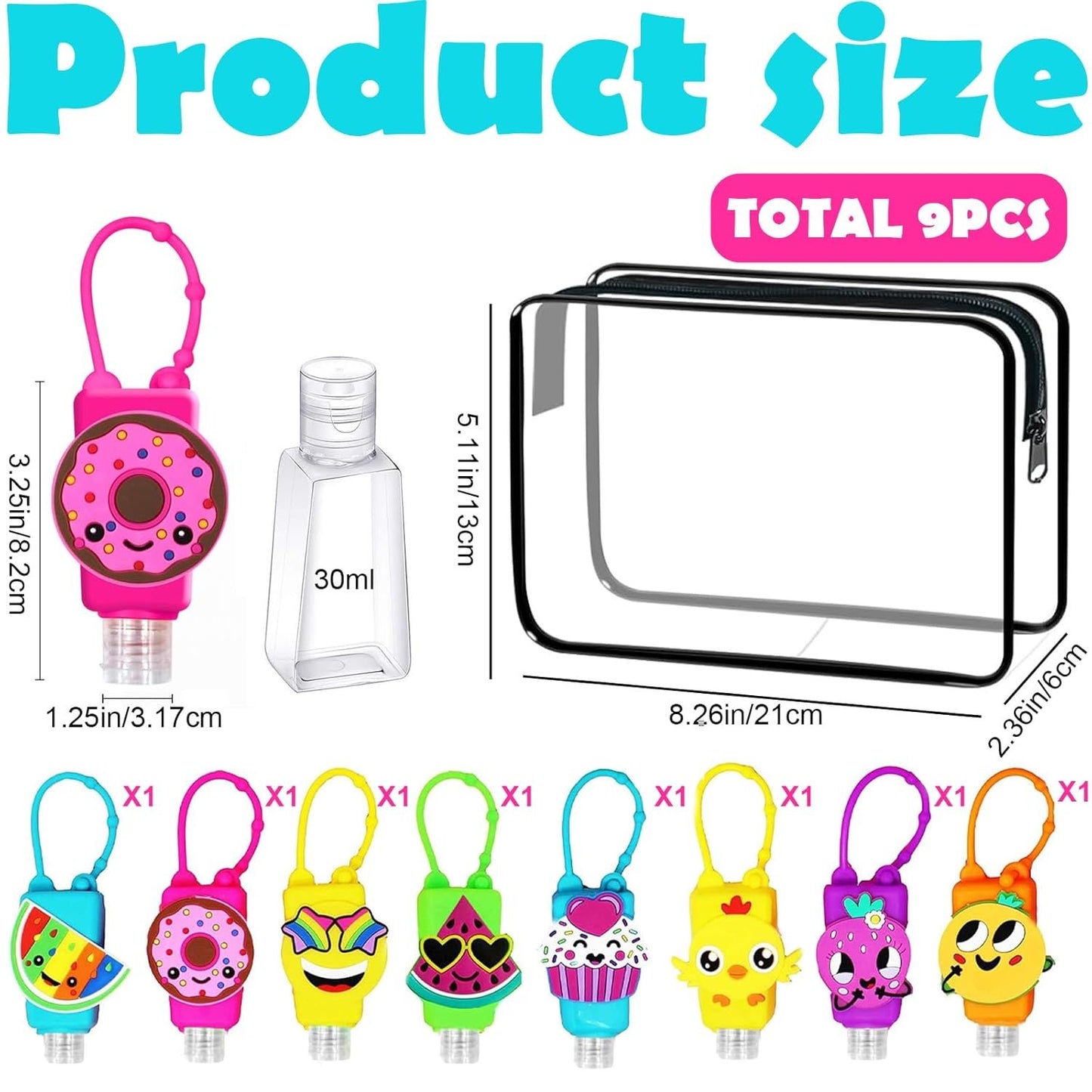 egniFurn 8 Pcs Cartoon Travel Bottles Set for Toiletries, 30ml Leakproof Refillable Containers with Silicone Cases & Keychains - Fun Fruit & Animal Shapes, Includes PVC Storage Bag