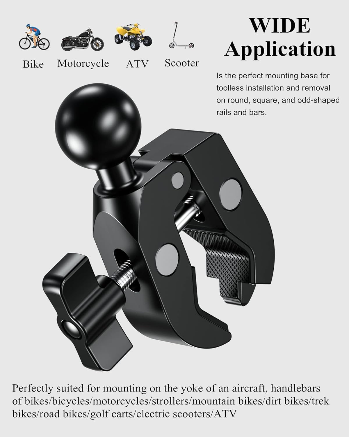 BRCOVAN Aluminum Alloy Handlebar Clamp Mount Base with 1'' TPU Ball for Rails 0.5'' to 2'' in Diameter, Compatible with RAM Mounts B Size Double Socket Arm & Bike Motorcycle Phone Mount Holder