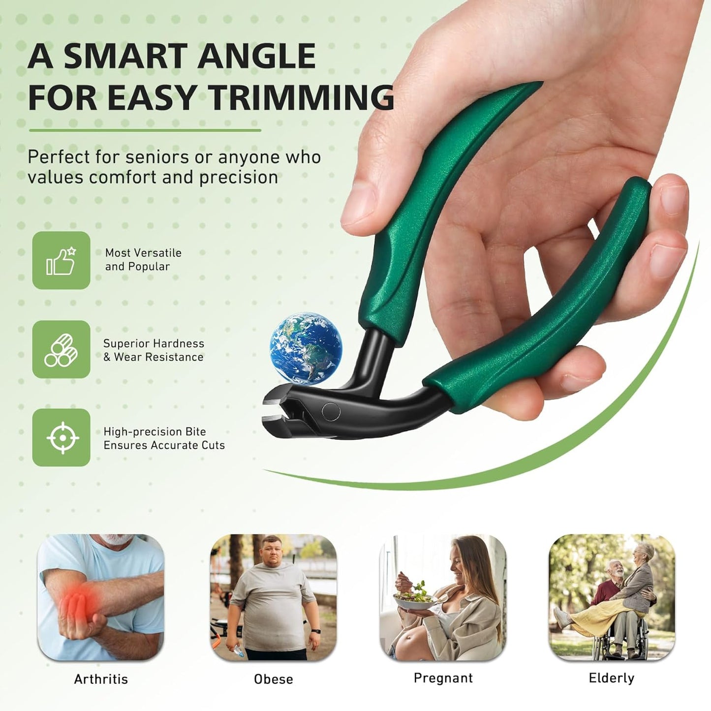 BALUCA Curved Head Toenail Clippers for Seniors for Thick Toenails, Long Handle Toe Nail Clippers with Catcher, German Stainless Steel Angled Nail Clippers with Silicone-Grip - Green