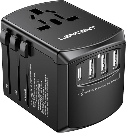 LENCENT Universal Travel Adapter, International Charger with 3 USB Ports and Type-C PD Fast Charging Adaptor for iPhone, Tablet, Gopro. for Over 200 Countries Type A/C/G/I (USA, Japan, UK, EU, AUS)