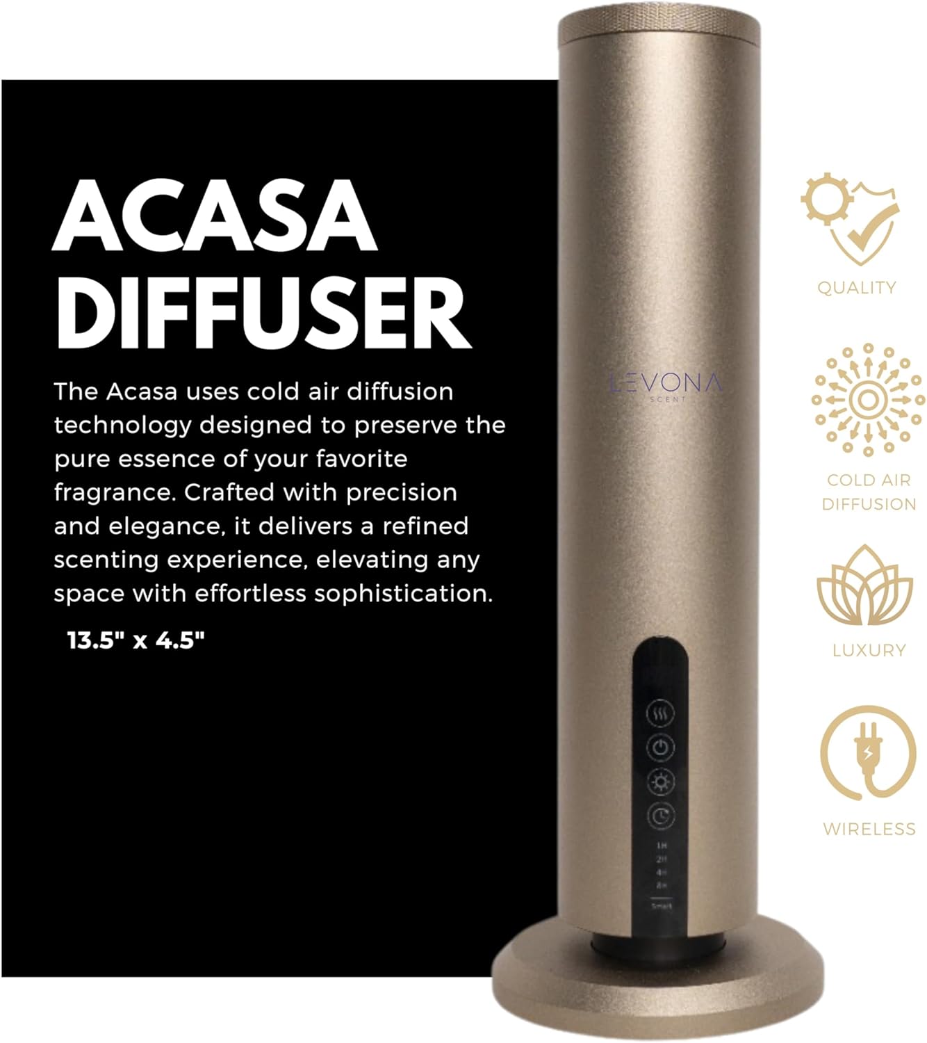 Levona Scent Essential Oil Diffuser - Cold Air Diffuser, Waterless Plug-in Aroma with Night Light, App Controlled - for Home, Office & Hotel - Covers 1000 sq ft - Acasa 1000, Gold (Oil Not Included)