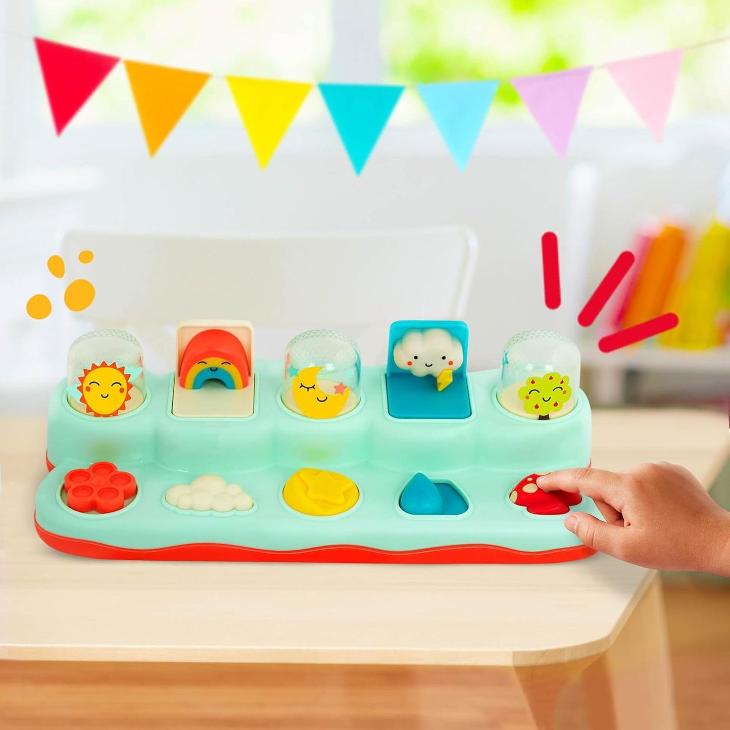 B. toys- Pop-Up Buddies- Cause and Effect Play – Learning Toys for Babies – Interactive Toy with Sun, Rainbow, Star – 18 Months +