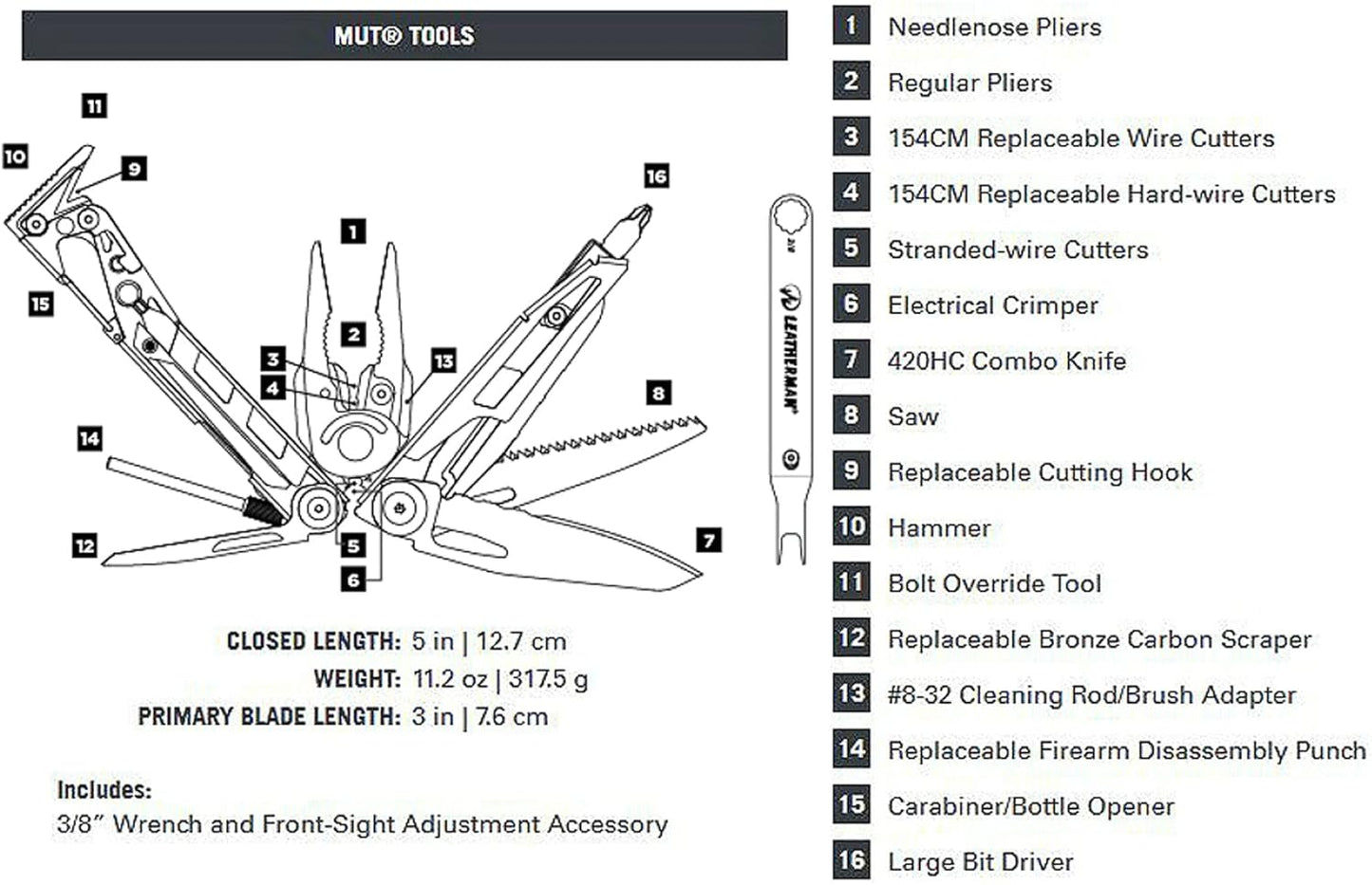 LEATHERMAN, MUT Multitool with Premium Replaceable Wire Cutters and Firearm Tools, Black with MOLLE Black Sheath