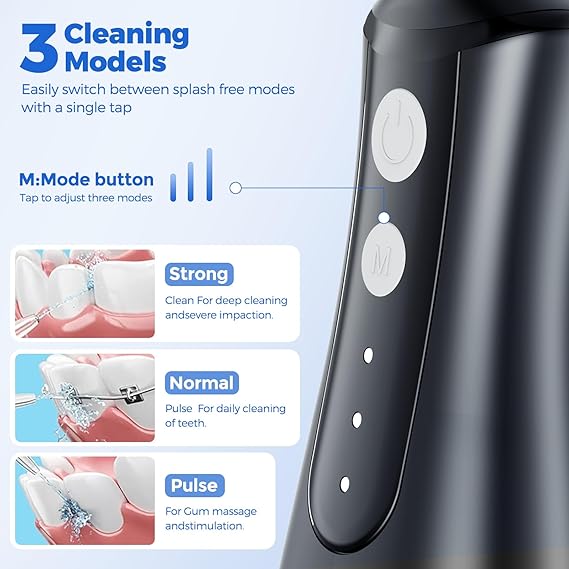 Water Dental Flosser Pick: 350ML Portable Cordless Oral Irrigator with 3 Modes Rechargeable Irrigation Cleaner for Teeth Deep Cleaning, IPX7 Waterproof Electric Flossing Machine for Home, Travel-Black