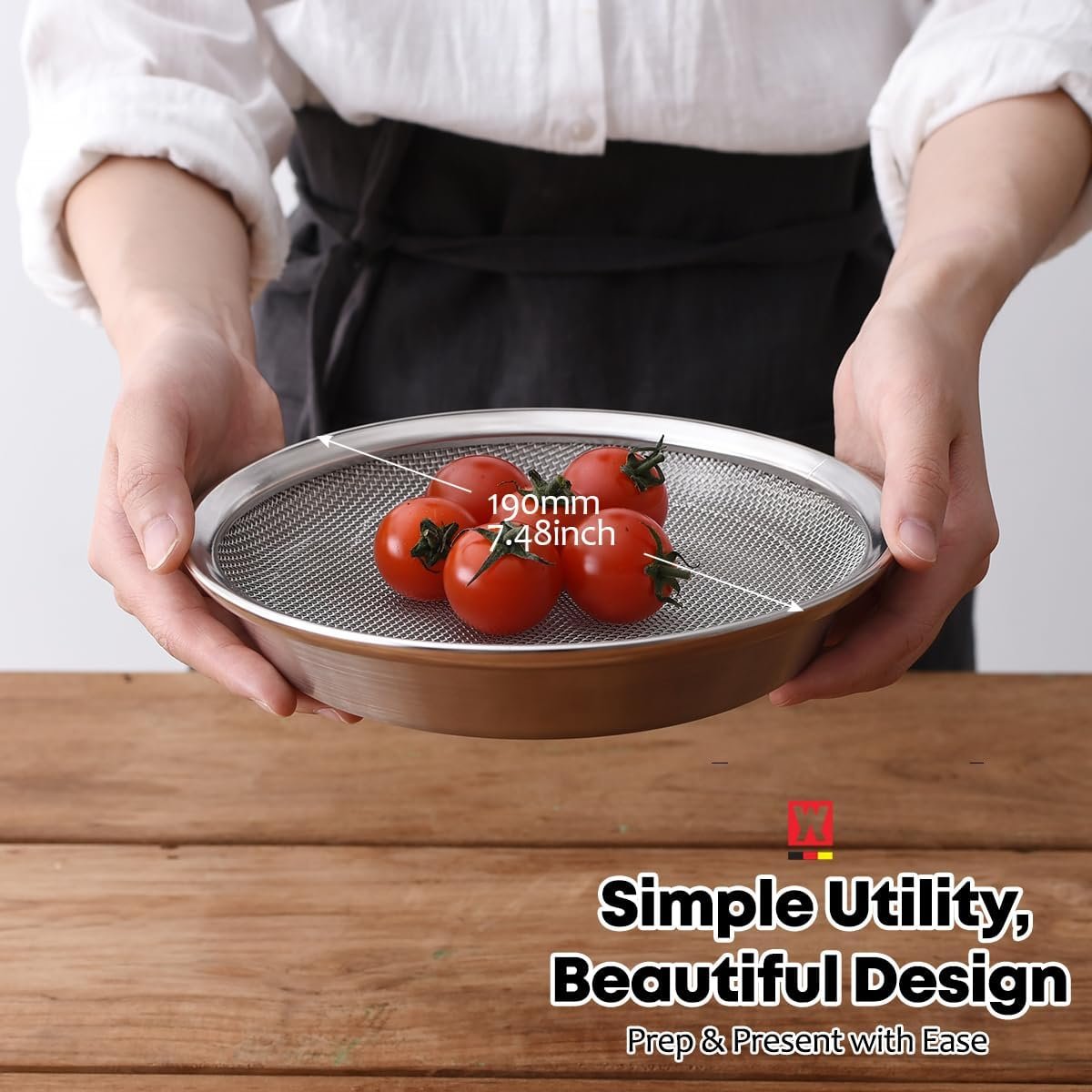 WAGENSTEIGER Stainless Steel Mesh Tray Set with Drip Pan, Air Fryer Basket and Tray, Kitchen Colander, Vegetable and Fruit Strainer, Food Filter, BBQ Prep Tool, Fruit Serving Dishes (7.48 inch)