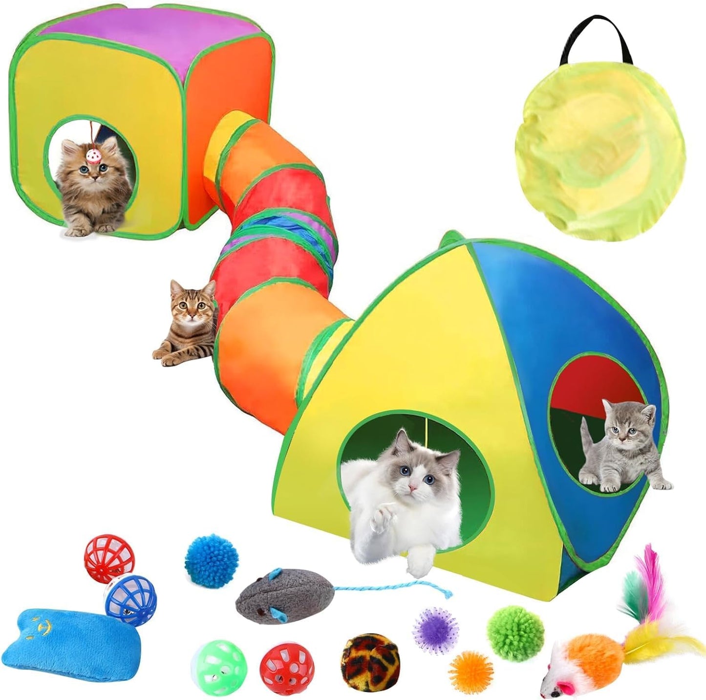Surmounty 16pcs Cat Tunnel 3 in 1 Indoor Cat Tunnel Rabbit Tunnel with 12 Cat Toys Foldable Cat Play Cube Tent, Kitten Toys Pet Tunnel for Cats, Puppy, Kitty, Rabbit, Cat
