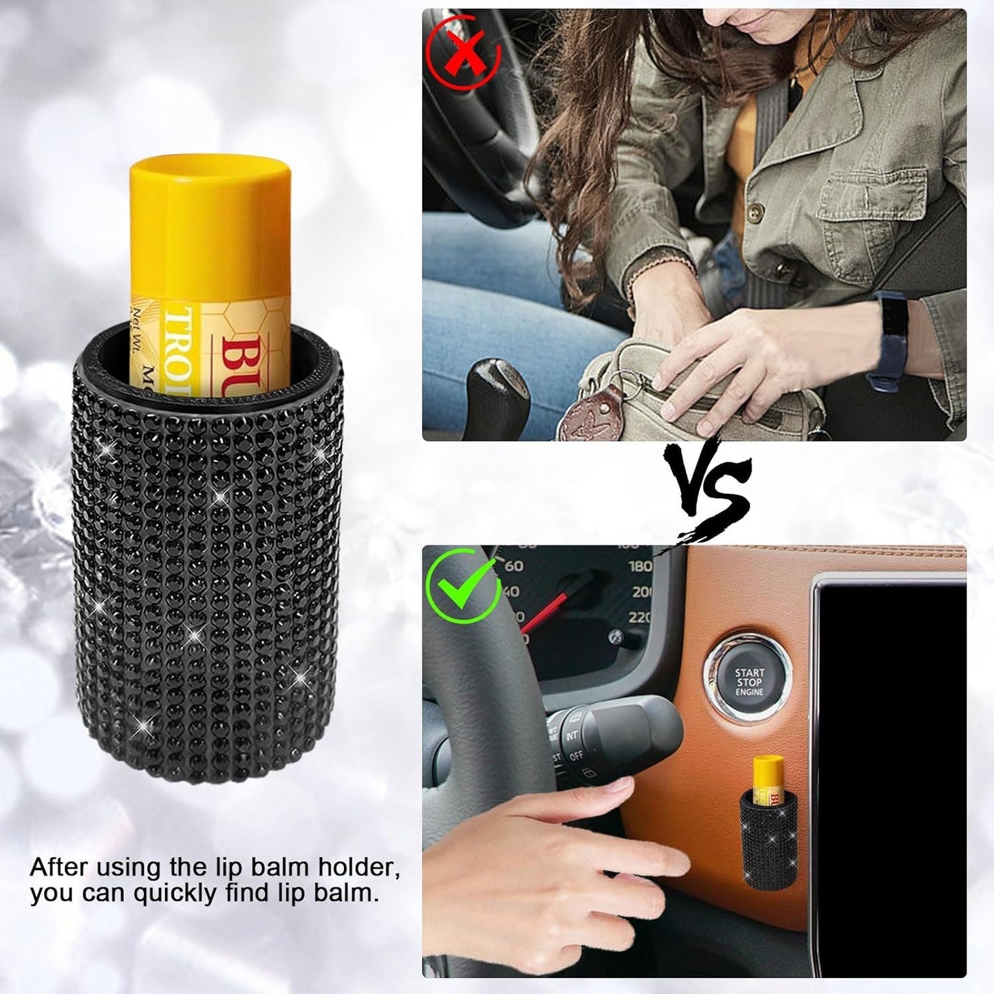 xbrtaia 1 Pack Upright Car Chapstick Holder, Bling Insulating Lip Balm Holder,Rhinestone Car Accessories for Women Interior,Suitable for Most Vehicles.(Black)
