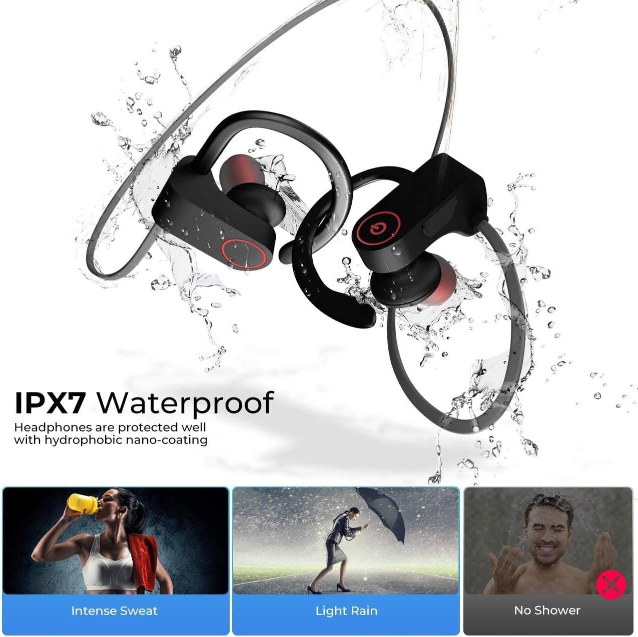 Newest Bluetooth Headphones Best Mic Wireless Sport Earphones HiFi Bass Stereo IPX7 Waterproof in-Ear Earbuds Headset with Noise Canceling for Workout Running Gym 7 Hours Playing Time