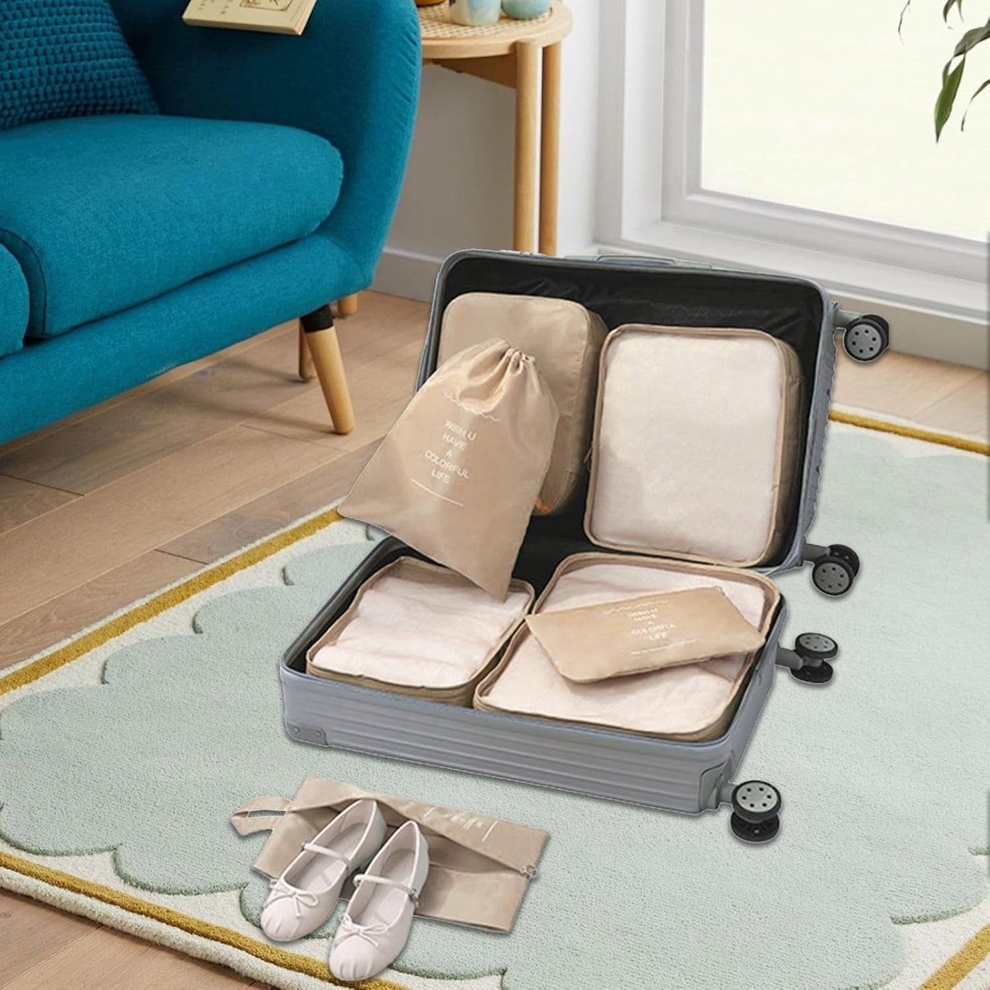 Travel Storage Bag, Suitcase Packing Organizer, 7-Piece Luggage Cubes Set, Lightweight Travel Accessories, Space-Saving Clothes and Toiletry Organizer for Trips