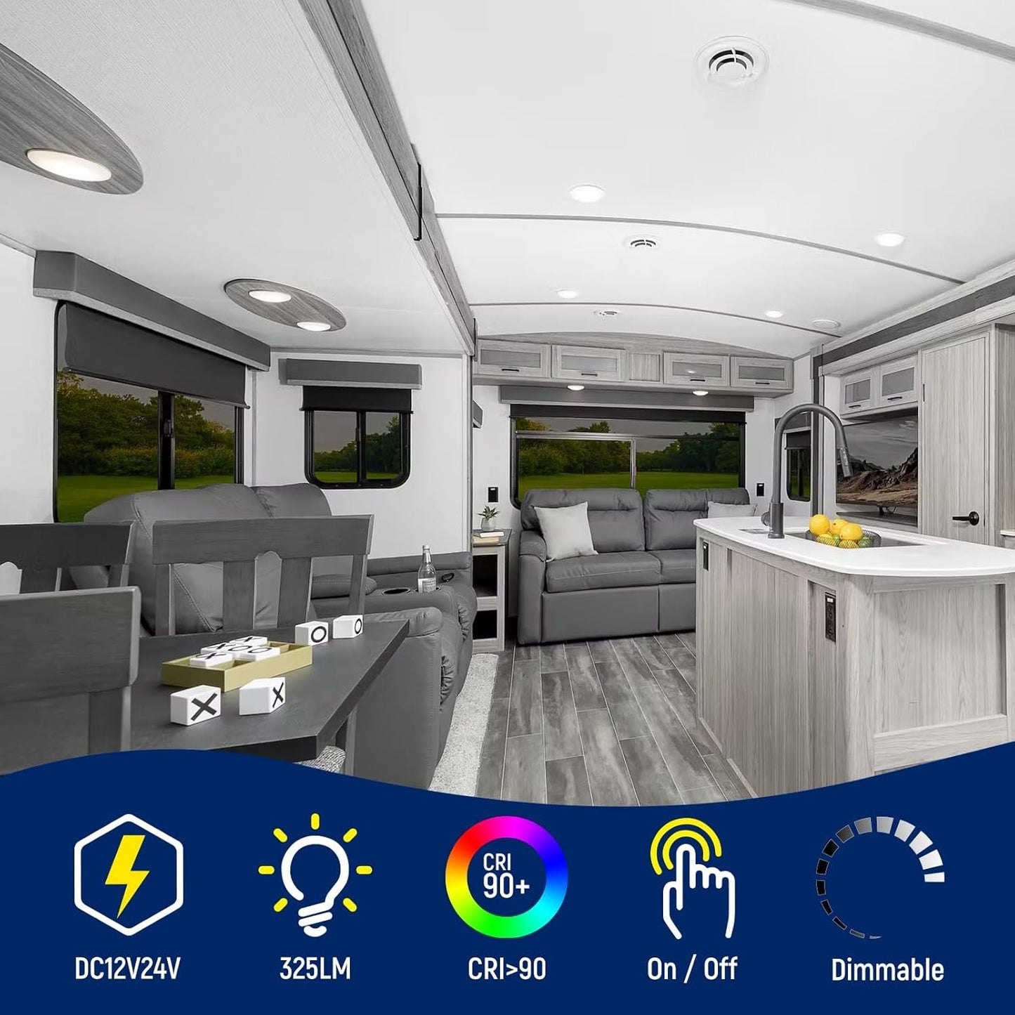 Obeaming 4 Pack RV Interior Ceiling Dome Light 4.5 Inch, Press Dimmer Switch & Blue Nightlight,12V Dimmable Puck Light for Motorhome Trailer Fifth Wheel Truck Coach Enclosed Trailer(5000K)