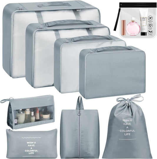 Suitcase Organizer, 9 Pieces Travel Organizer Set, Packing Cubes, Travel Suitcase Organizers with Clear Cosmetic Bag, for Clothes, Shoes, Cosmetics, Grey