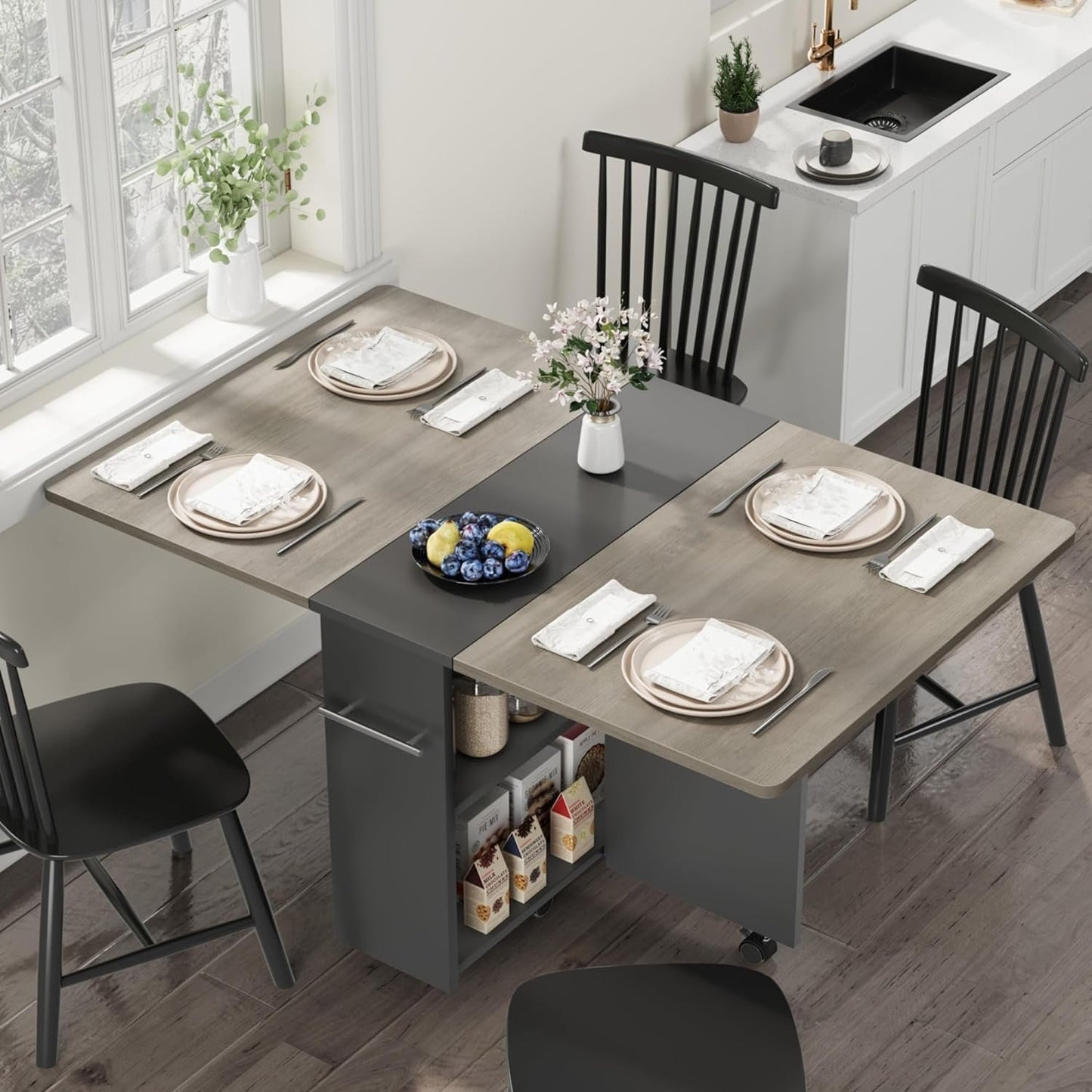 Space Saving Folding Dining Table with 2 Tier Storage-Extendable Drop Leaf Farmhouse Kitchen Dining Room Tables Set for 4, Collapsible Expandable Rectangle (Carlo Grey, 47.2" D x 23.6" W x 29.5" H)