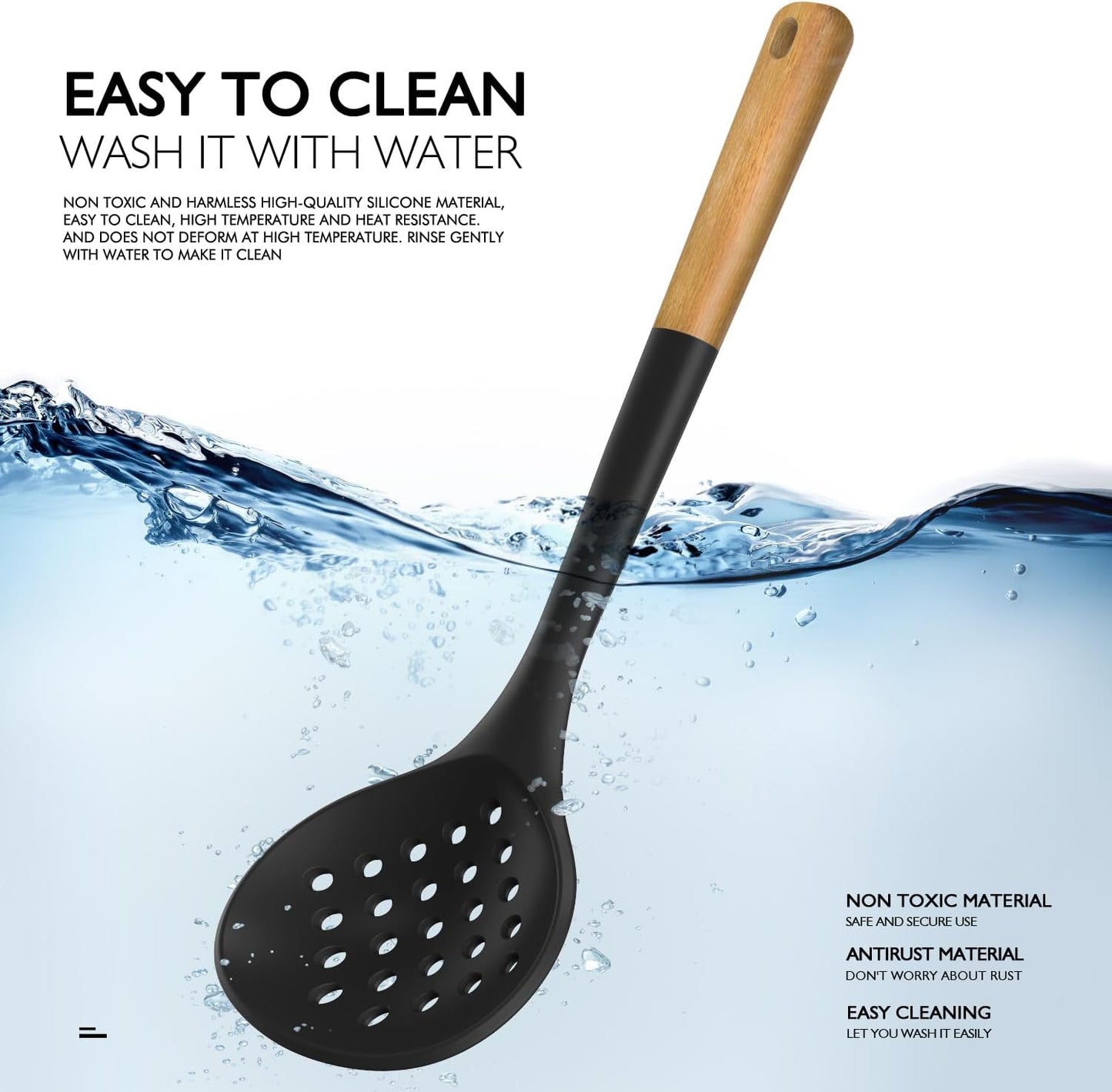 Silicone Cooking Utensils - Kitchen Utensil Set with Holder,Slotted/Solid Spoon,Turner,Spatula,Pasta Server,Deep Soup Ladle,Wooden Handles Kitchen Gadgets Tools Set,Non-Stick Cookware Friendly (Grey)