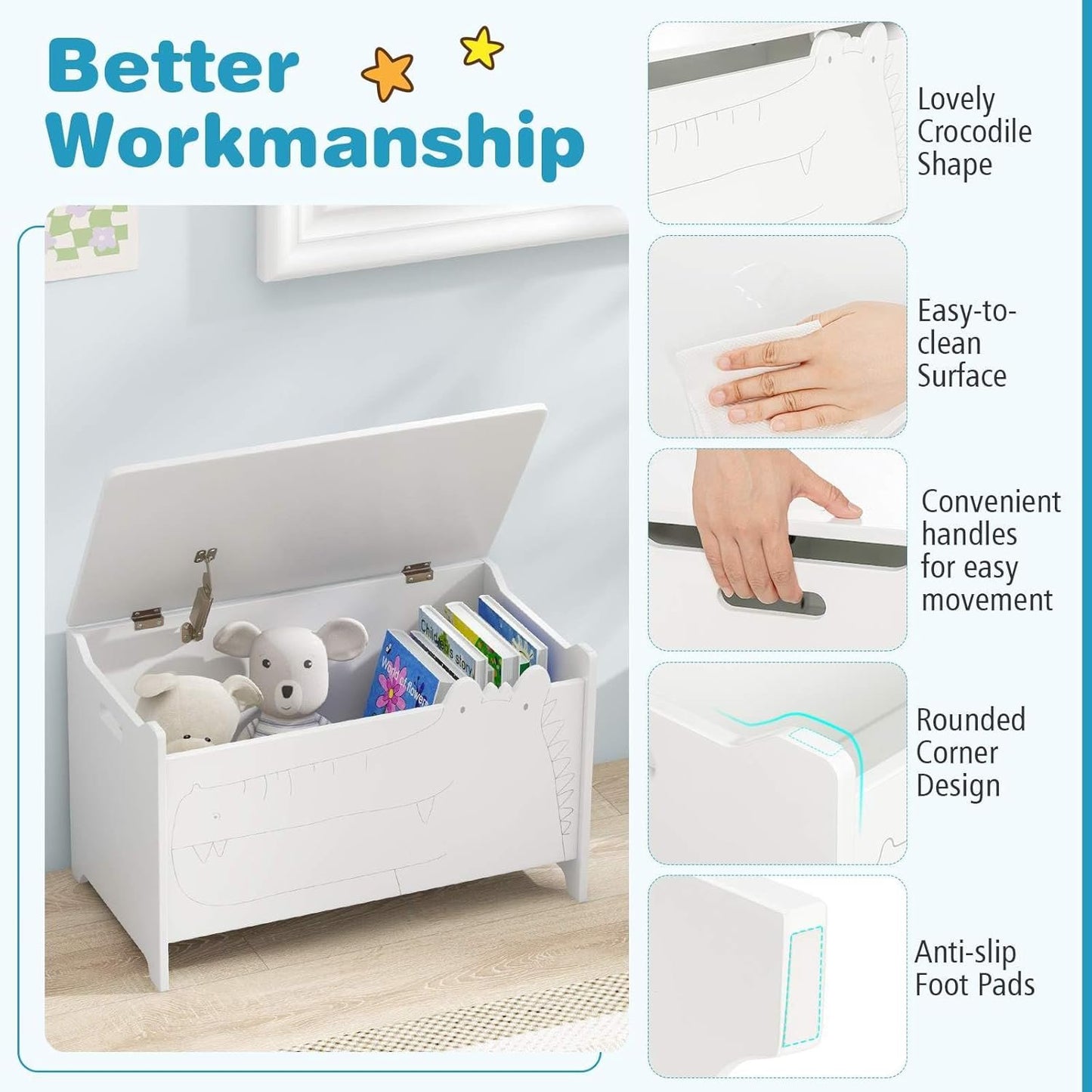 HONEY JOY Kids Toy Box Storage Chest, Wooden Trunk Bench w/Safety Hinge, Children Storage Cabinet w/Handles, Flip-Top Home Organiser Toy Bench Box for Kid’s Room Playroom Bedroom Living Room (White)