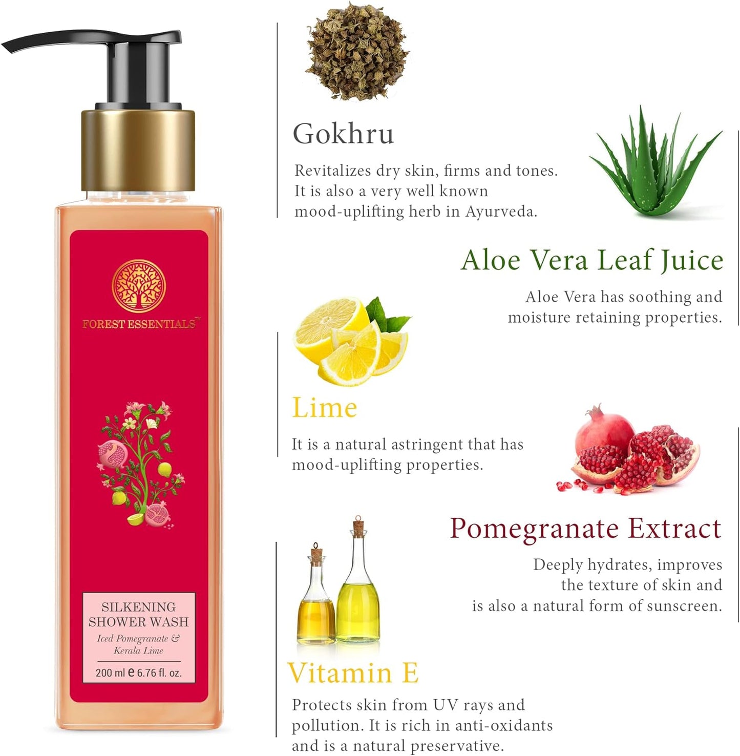 Forest Essentials Silkening Shower Wash, Iced Pomegranate with Fresh Kerala Lime, 200ml