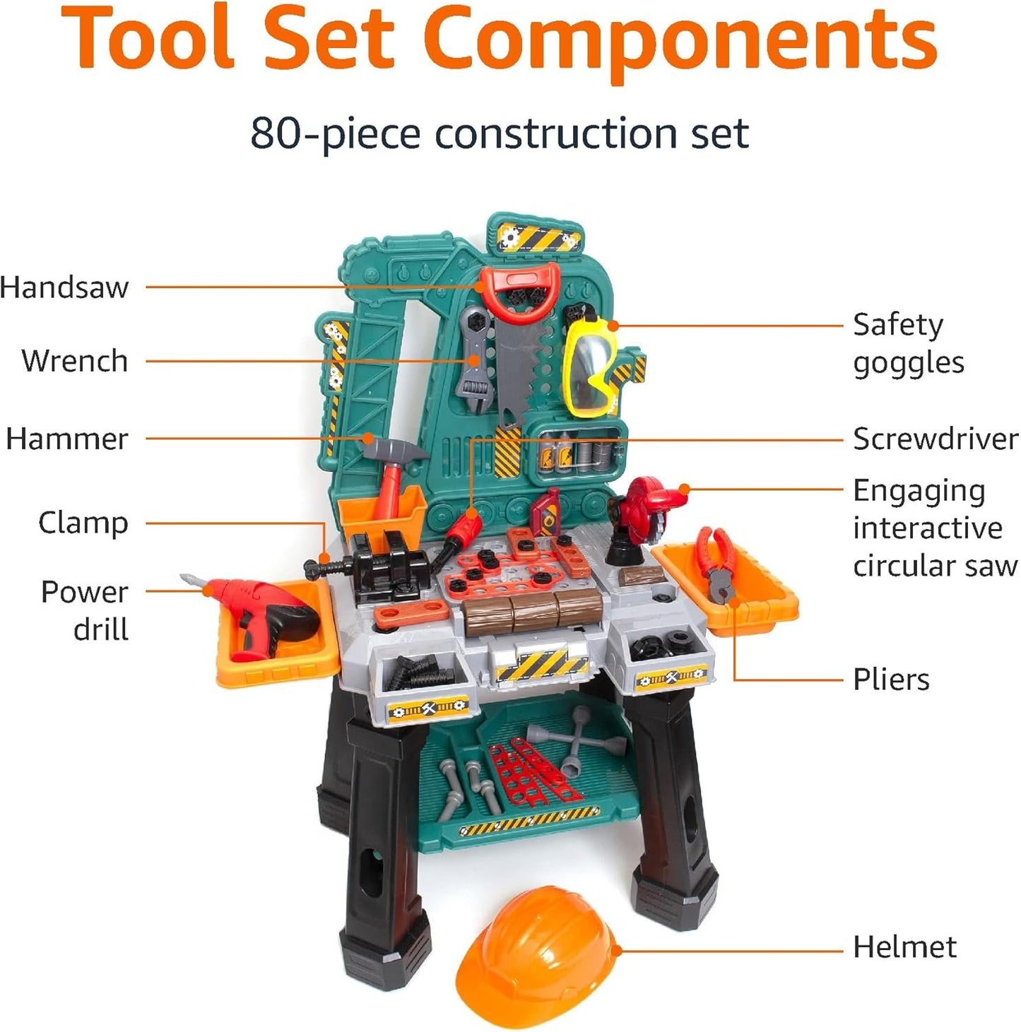 Amazon Basics Kids Workbench Construction Toy Tool Set Playset with 80+ Pieces Including Tools, Accessories, Play Helmet & Play Safety Goggles, for Kids Ages 3 and Up