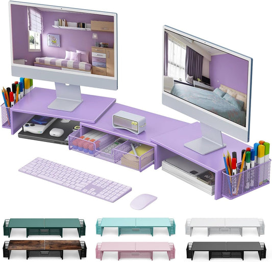 gianotter Dual Monitor Stand Riser, Desk Organizer With Drawer and 2 Pen Holders, Desk Organizers and Accessories, Purple Office Decor (Purple)