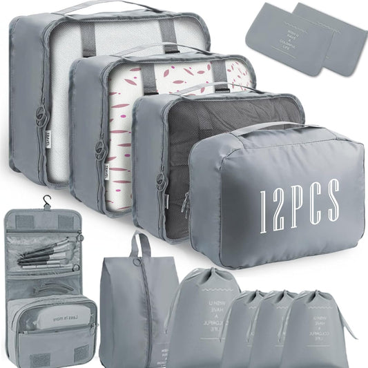Kinyoda Suitcase Organizer, 12 Pieces Organizer Suitcase Set, Packing Cubes, Clothing Underwear Footwear Organizers Sacks Storage Suitcase Set, Organizer for Travel Holidays, (Grey)