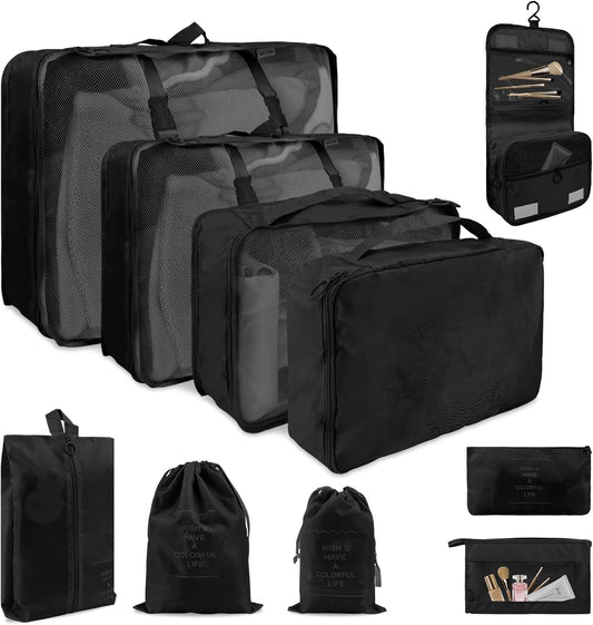 Najdeiuyt Packing Cubes - 10 Set, Black, Nylon or Polyester, Transparent Mesh Panels, Zipper Closure, Ideal for Clothing & Travel