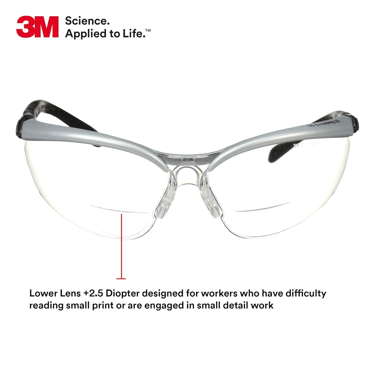 3M Safety Glasses with Readers, BX, +2.5, ANSI Z87, Anti-Fog Anti-Scratch Clear Lens, Silver Frame, Adjustable Length Temples and Lens Angle