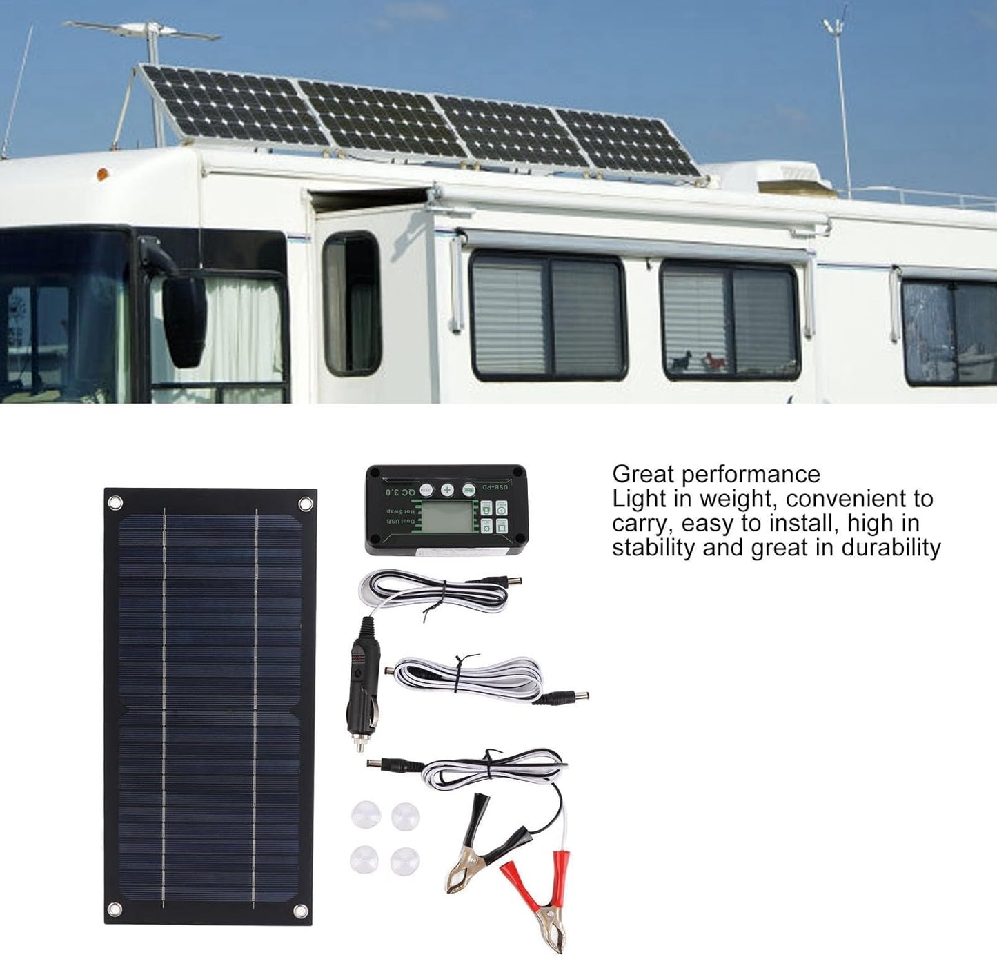 600 Watts Solar Panel Kit, High-Efficiency Monocrystalline Solar Panel Charger with Extension Cable and Battery Clip for RV Outdoor Camping and Other Off Grid Applications