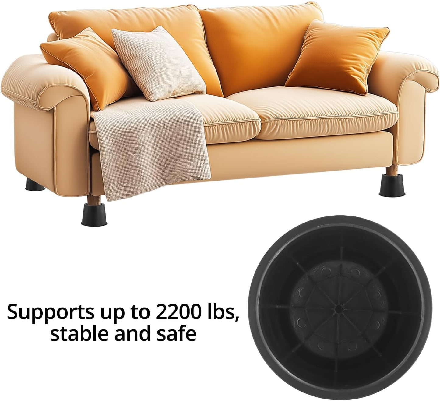 QWORK® 4 Pcs 4" Round Bed Risers Heavy Duty Round Furniture Risers Up to 2200lbs for Sofa Bed Desk Chair Refrigerator