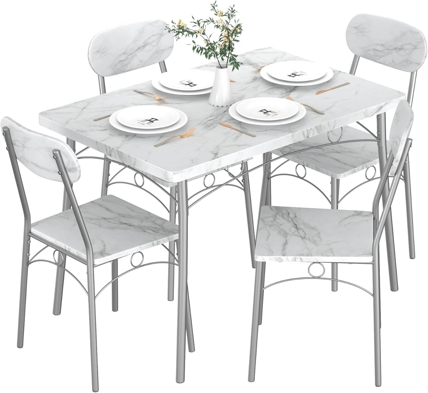 VECELO Dining Table Set for 4, 5-Piece Kitchen Table with 4 Chairs, MDF Board Tabletop with Metal Frame for Small Space, Compact Dinette, Breakfast Nook, White